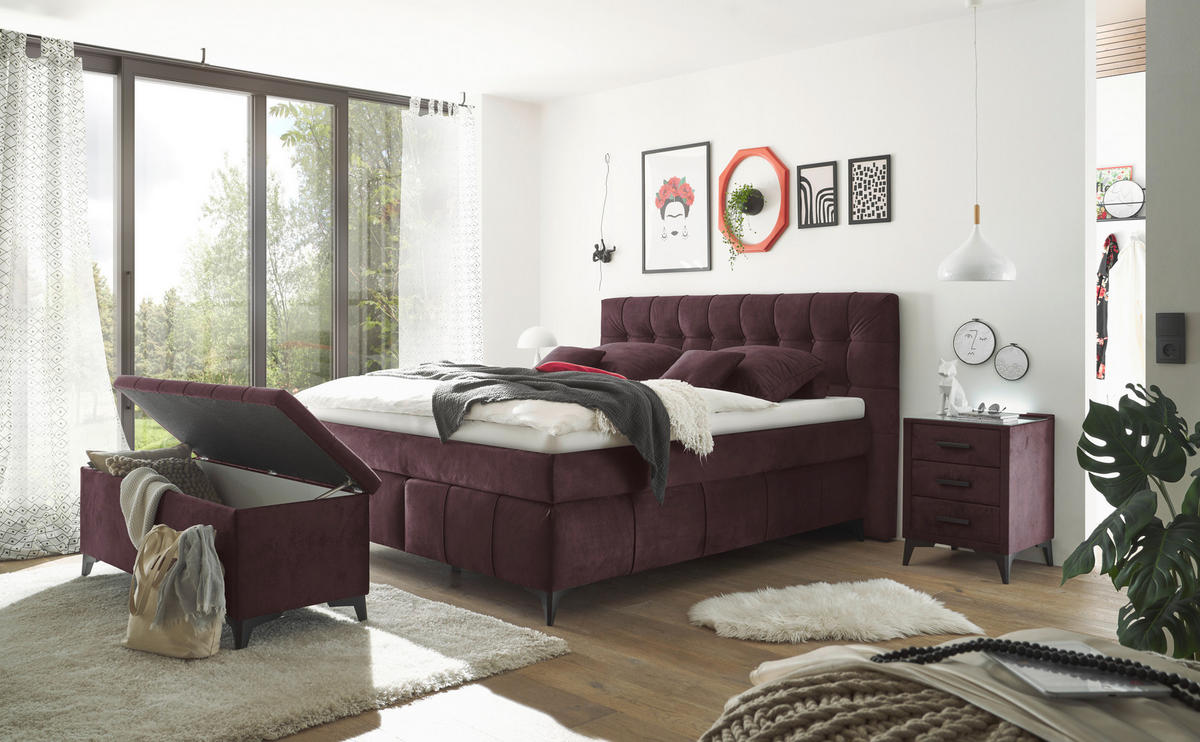 BOXSPRINGBETT 180/200 cm  in Aubergine  - Aubergine/Schwarz, KONVENTIONELL, Kunststoff/Textil (180/200cm) - Modante