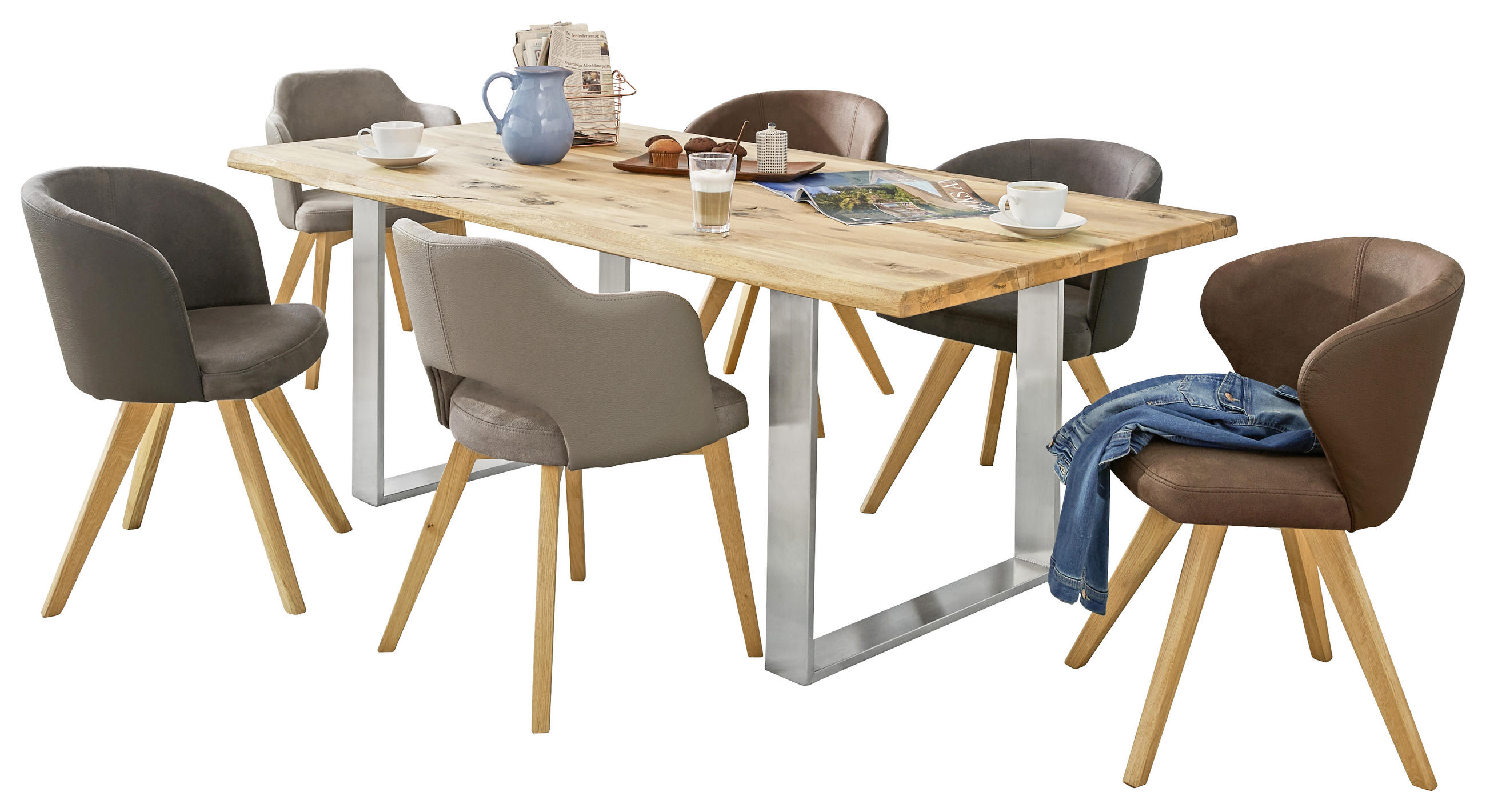 ESSTISCH 220/100/77 cm Eiche massiv Holz, Metall Eichefarben, Edelstahlfarben rechteckig  - Edelstahlfarben/Eichefarben, Natur, Holz/Metall (220/100/77cm) - MID.YOU
