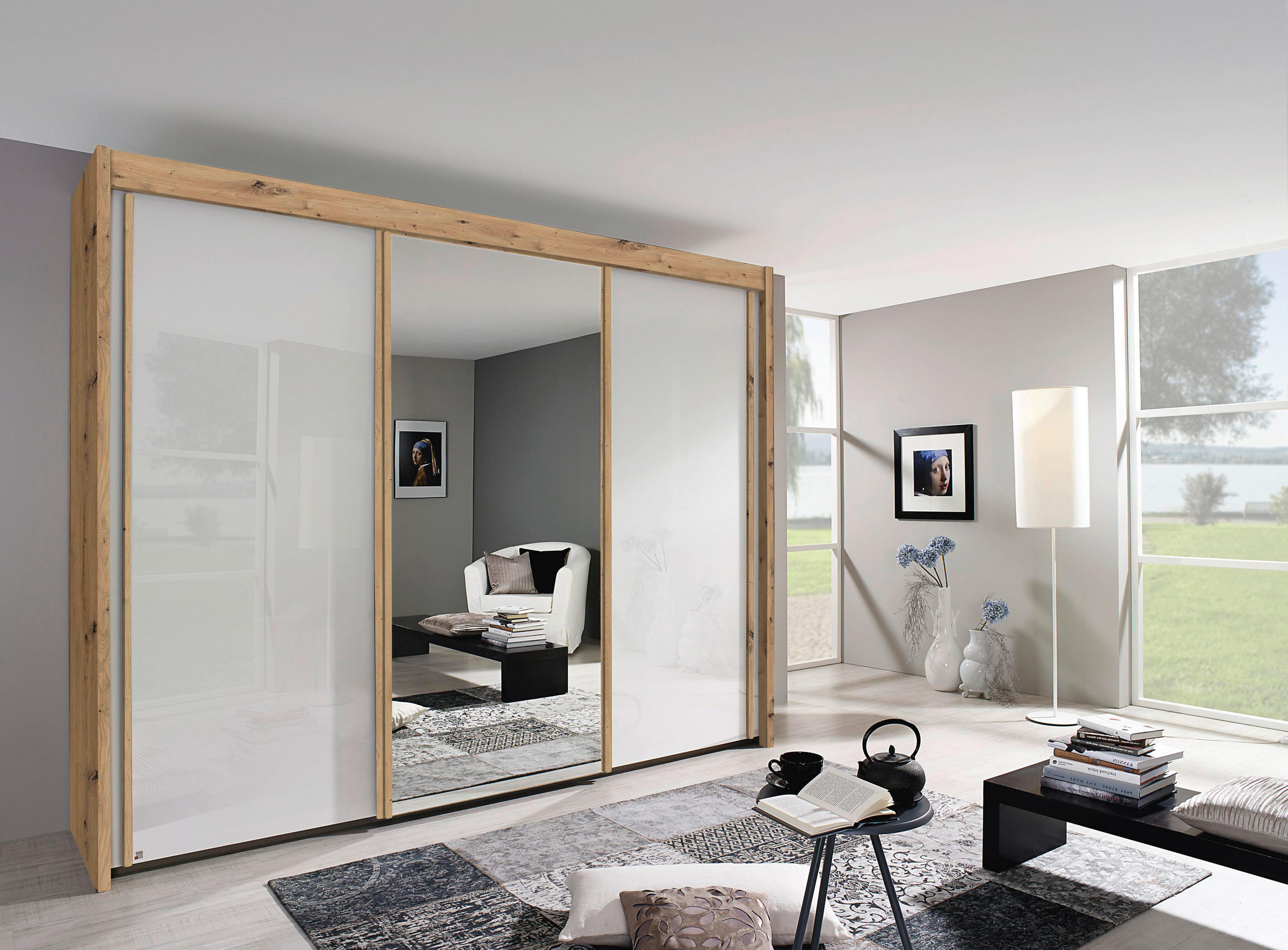 SCHWEBETÜRENSCHRANK 225/197/65 cm 3-türig - Eiche Artisan/Weiß, Basics, Glas/Holzwerkstoff (225/197/65cm) - Cantus