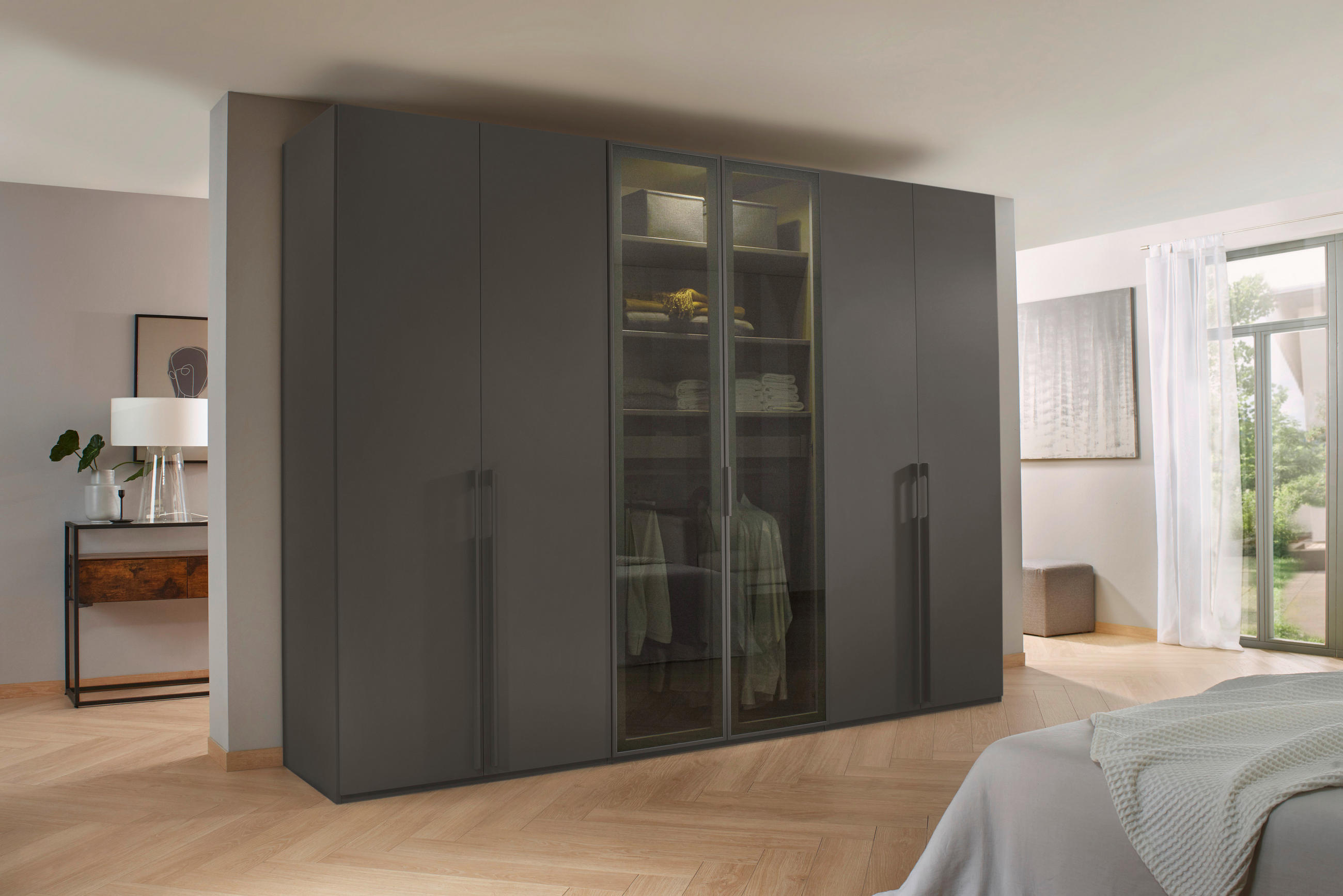 DREHTÜRENSCHRANK in Graphitfarben, Grau  - Graphitfarben/Grau, Trend, Glas/Holzwerkstoff (301/235/60cm) - Novel