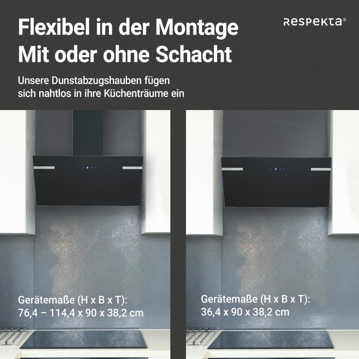 DUNSTABZUGSHAUBE CH69090SA+  - Schwarz, Trend, Glas/Metall (90/76,4-114,4/38,2cm) - Respekta