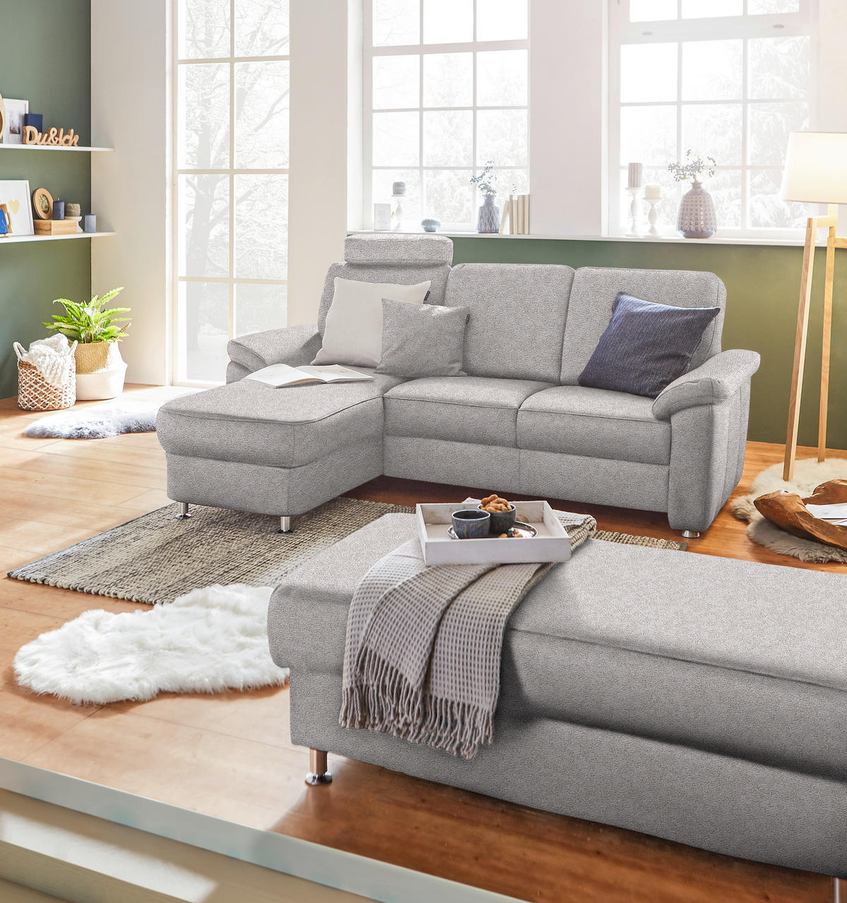 ECKSOFA in Flachgewebe Hellgrau  - Chromfarben/Hellgrau, Konventionell, Textil/Metall (163/220cm) - Beldomo System