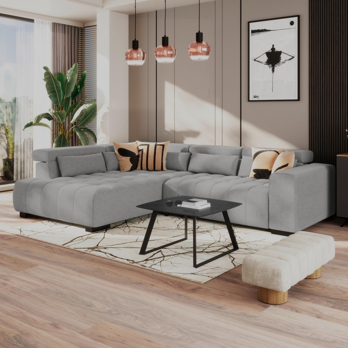 ECKSOFA Chenille, Struktur Dunkelgrau  - Dunkelgrau/Schwarz, Trend, Holz/Textil (226/311cm) - MID.YOU