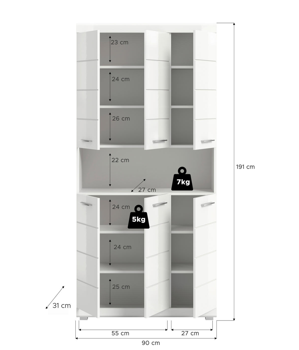 HOCHSCHRANK 90/191/31 cm  - Weiß Hochglanz/Silberfarben, Trend, Holzwerkstoff/Kunststoff (90/191/31cm) - MID.YOU