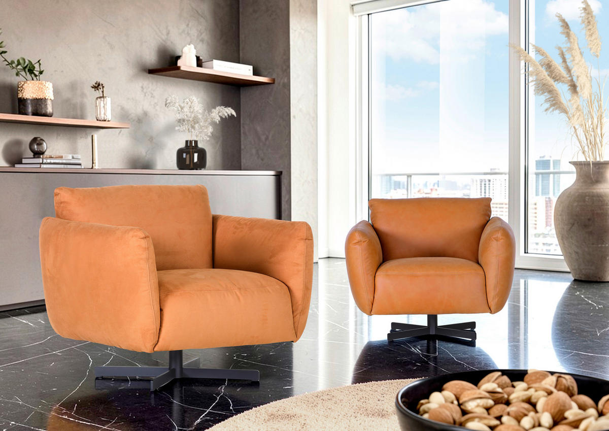 SESSEL in Echtleder Cognac  - Cognac/Schwarz, KONVENTIONELL, Leder/Metall (100/80/90cm) - Carryhome