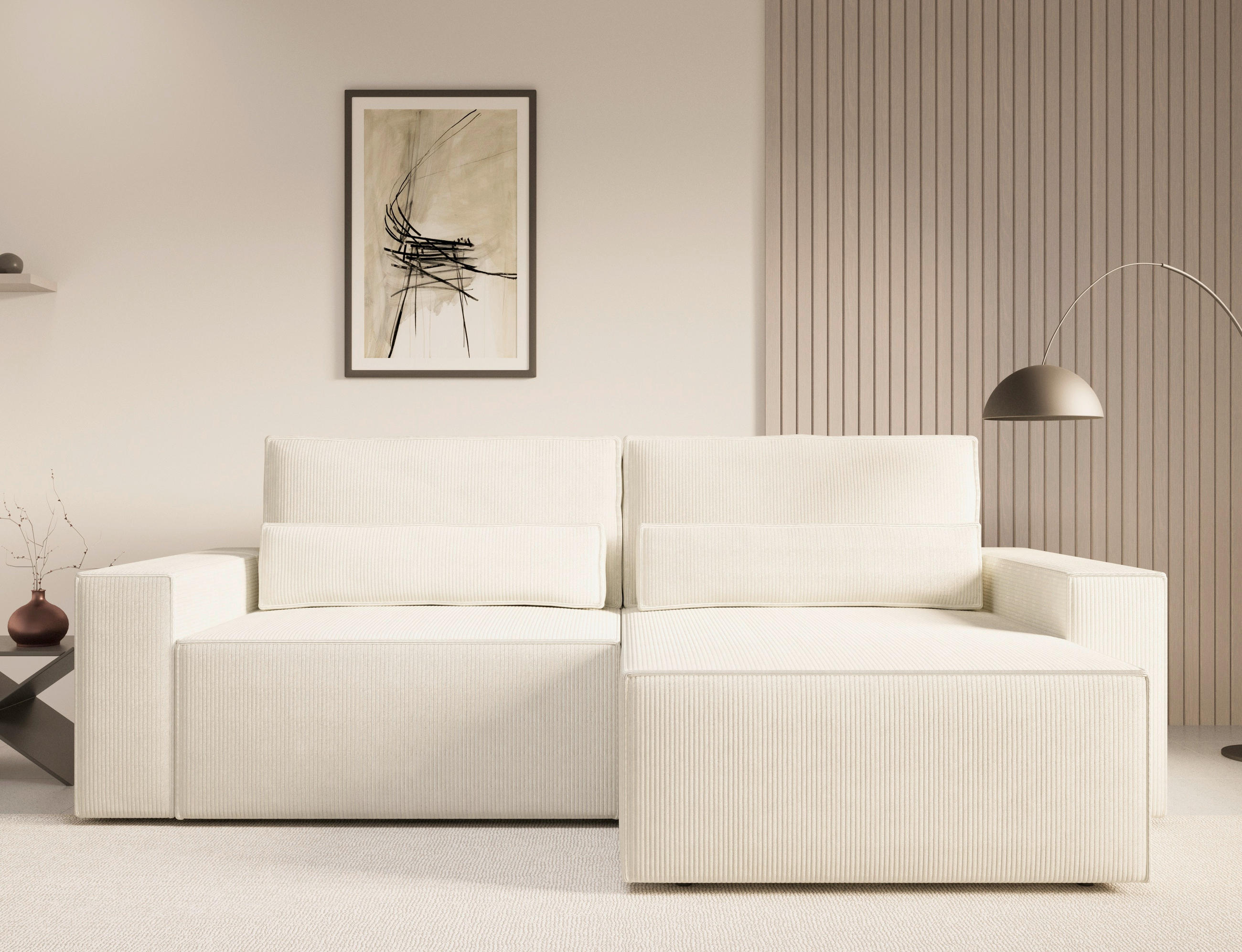 ECKSOFA BRAZIL MINI L Creme Cord Rückenkissen, Schlaffunktion, Stauraum  - Creme/Schwarz, Design, Kunststoff/Textil (248/162cm) - MID.YOU