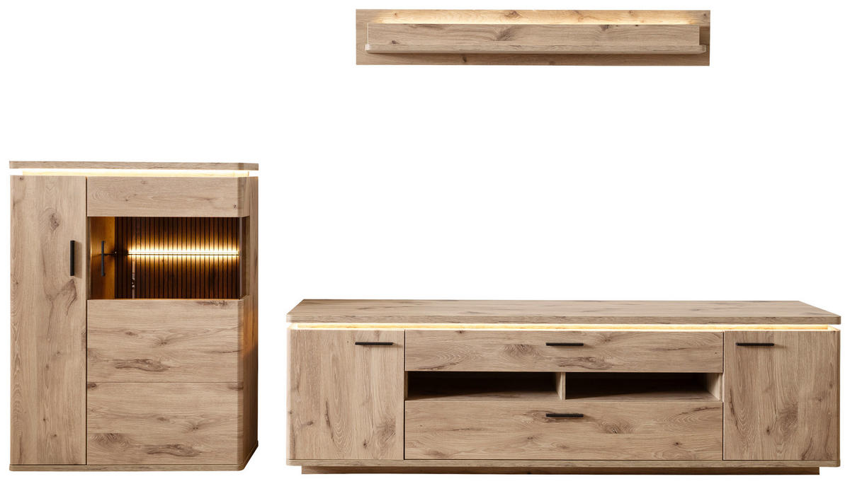 WOHNWAND 3-teilig  in Eichefarben 310/181/50 cm  - Eichefarben/Anthrazit, Konventionell, Glas/Holzwerkstoff (310/181/50cm) - Cantus