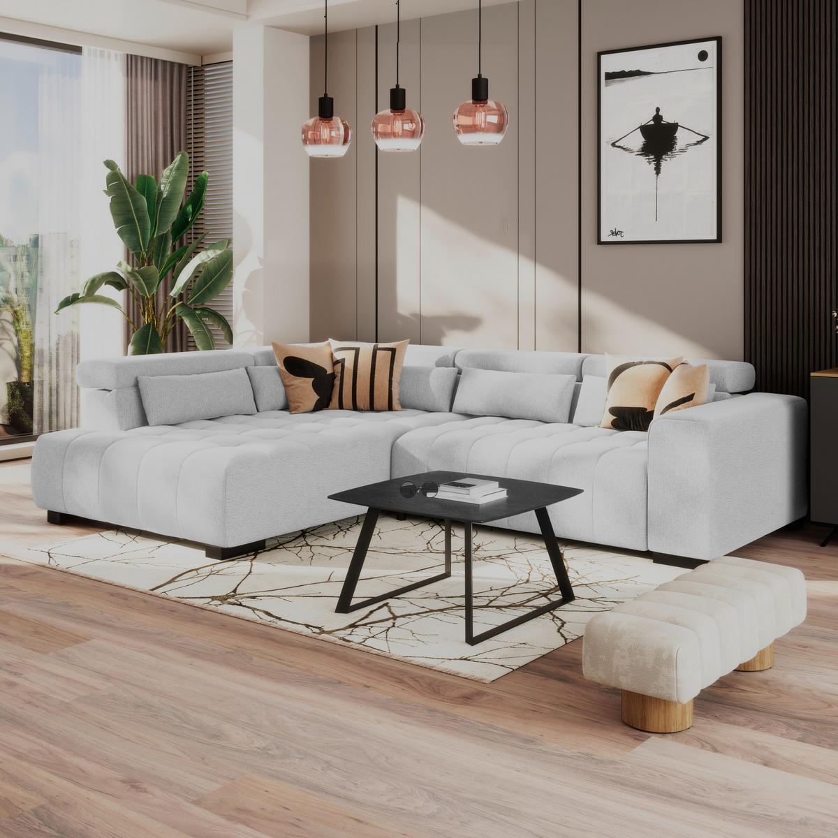 ECKSOFA MATERA Hellgrau Chenille, Struktur Nierenkissen, Kopfteilverstellung, Sitzvorzug  - Hellgrau/Schwarz, Trend, Holz/Textil (226/311cm) - MID.YOU