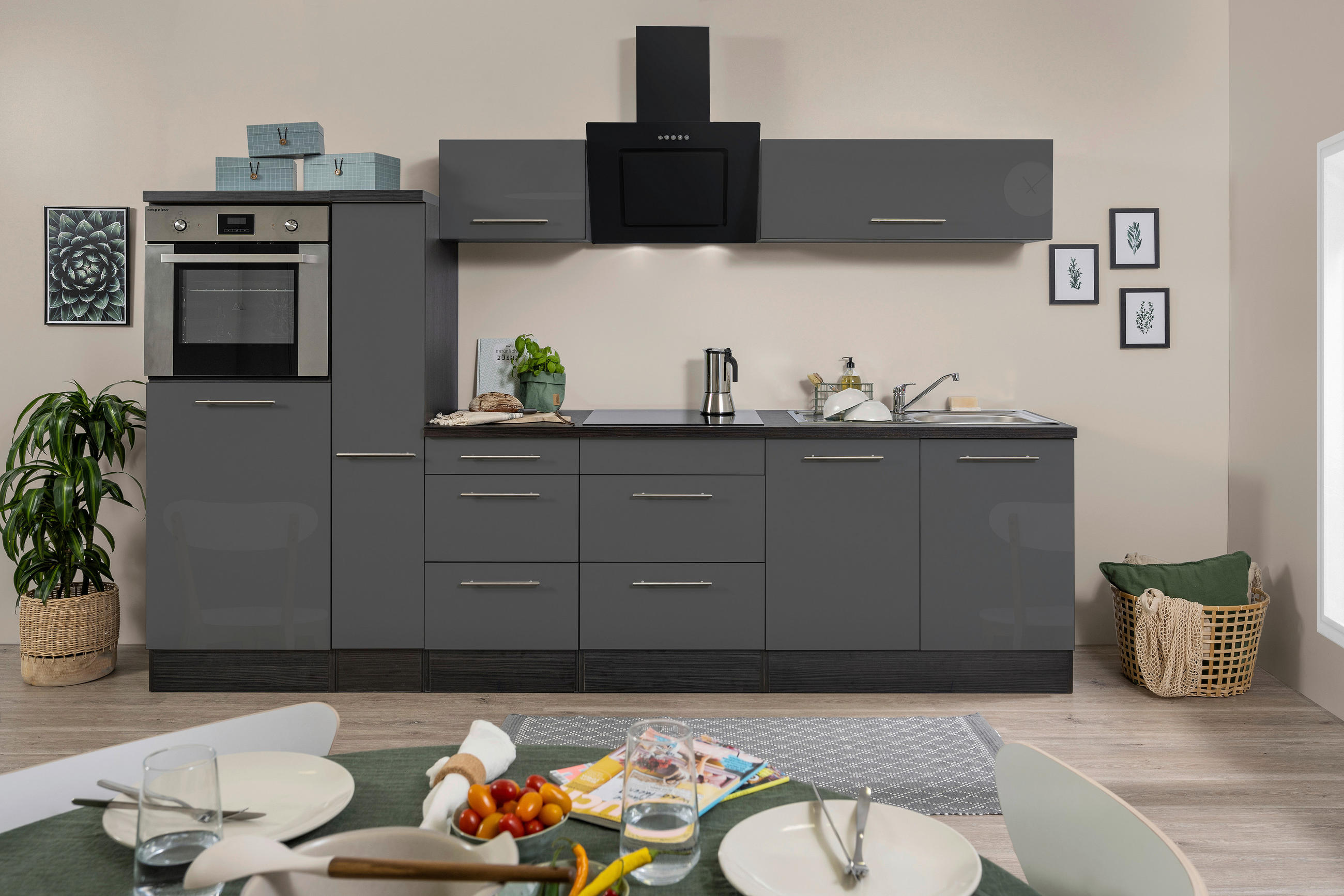 KÜCHENBLOCK 300 cm Grau, Eichefarben E-Geräte, Spüle, Soft-Close-System, Ab- und Überlaufgarnitur, Herdanschlusskabel - Edelstahlfarben/Eichefarben, Basics, Metall (300cm) - Respekta