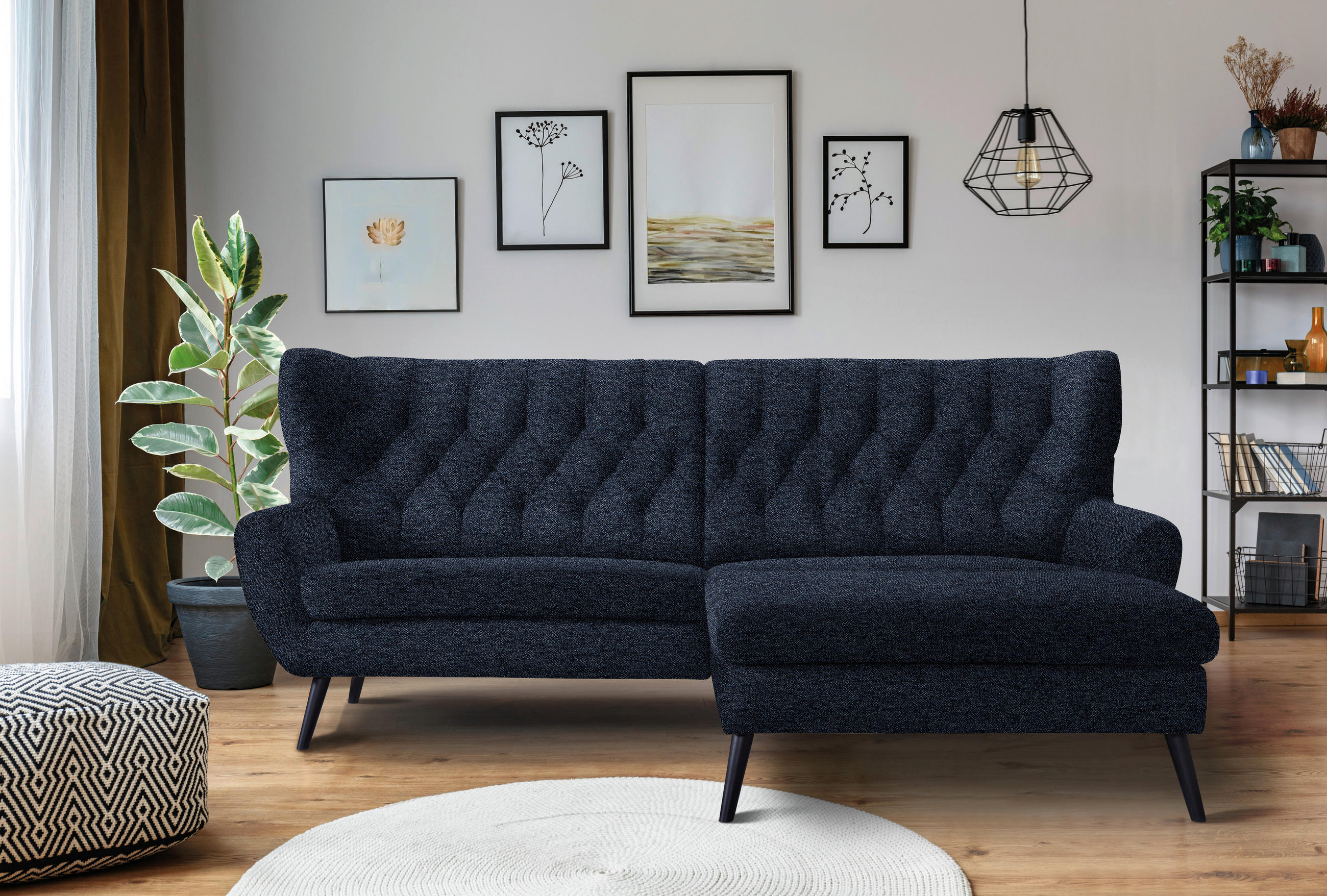 ECKSOFA in Flachgewebe Dunkelblau - Schwarz/Dunkelblau, Design, Holz/Textil (237/165cm) - Stylife