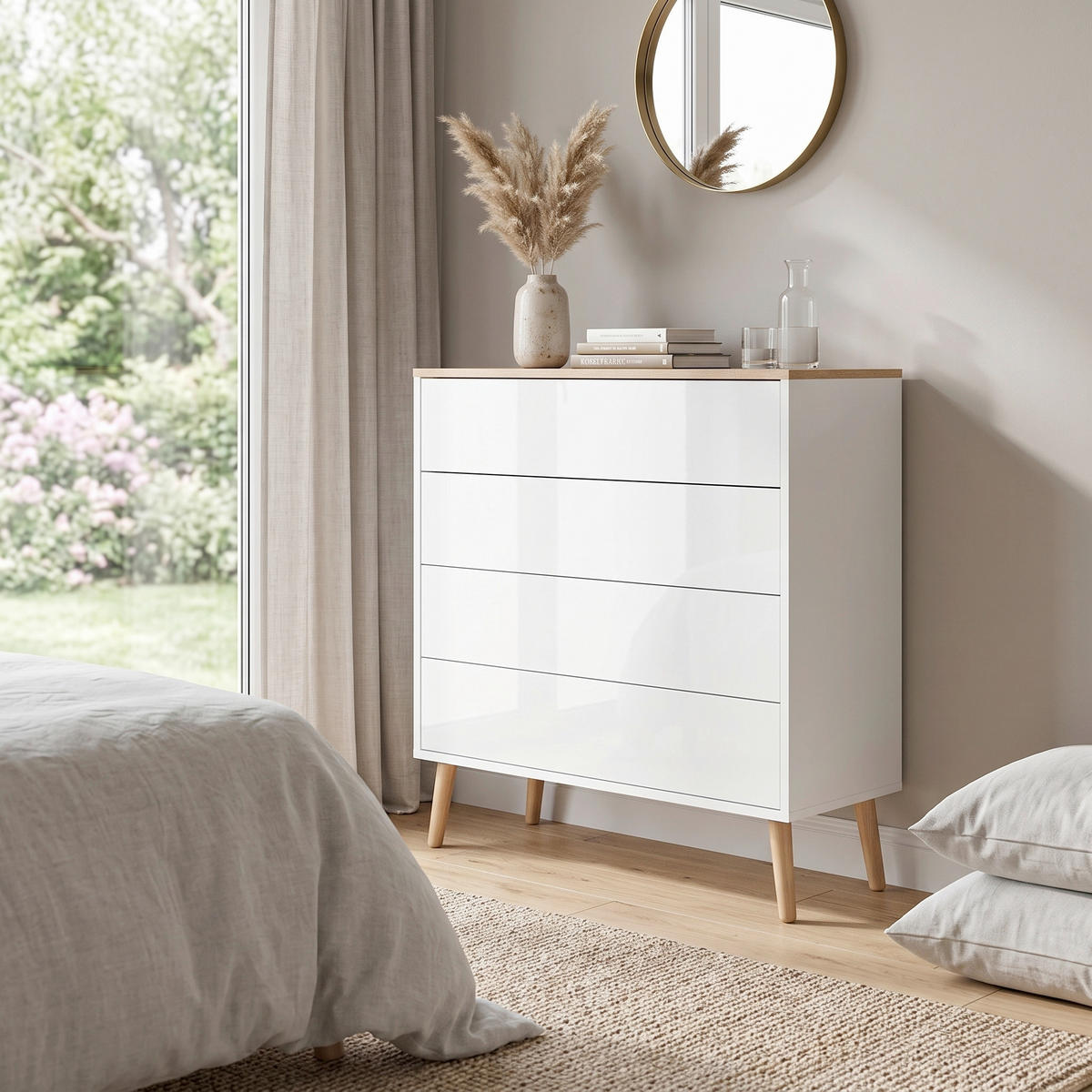 KOMODA, bílá, barvy dubu, vysoce lesklá bílá, 79/86/33 cm - bílá/barvy dubu, Moderní, kompozitní dřevo (79/86/33cm) - MID.YOU