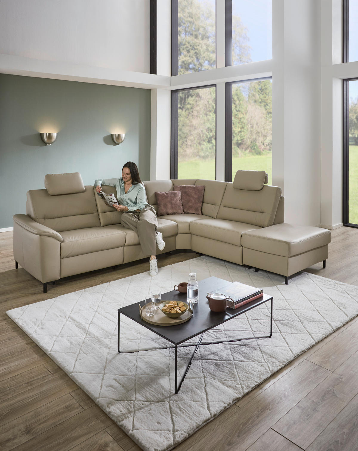ECKSOFA in Echtleder Perlmutt  290/249 cm  - Perlmutt/Schwarz, KONVENTIONELL, Leder/Metall (290/249cm) - Beldomo Premium