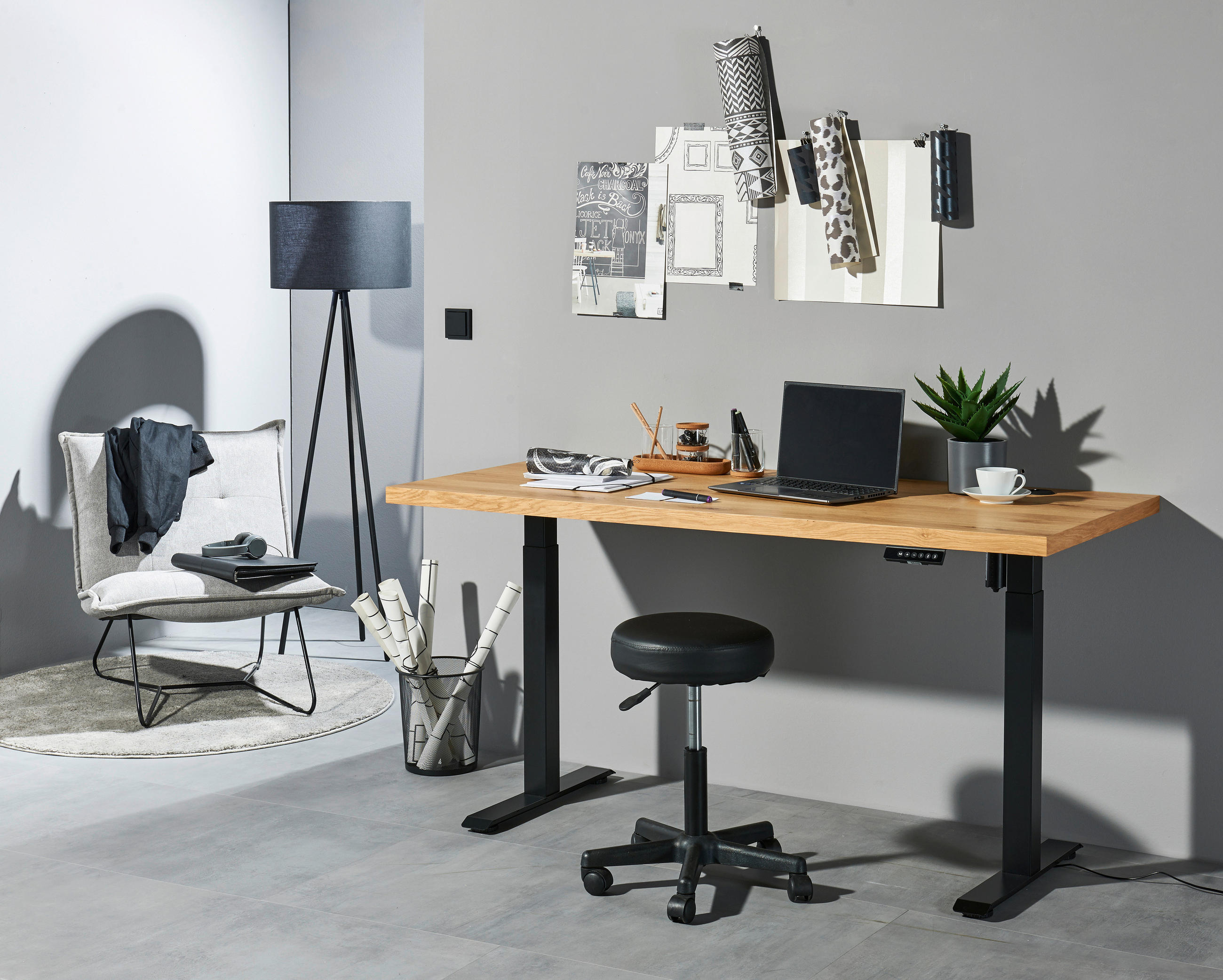 SCHREIBTISCH höhenverstellbar, Kabeldurchlass  - Schwarz, MODERN, Holzwerkstoff/Metall (160/72-120/77cm) - MID.YOU