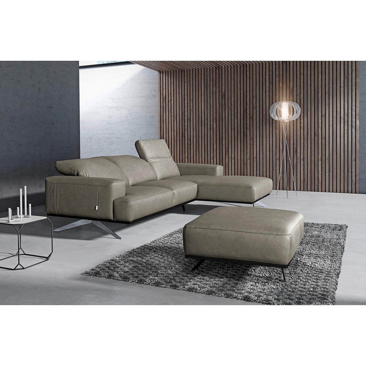 ECKSOFA Grau Echtleder Rücken echt, Kopfteilverstellung  - Chromfarben/Grau, Design, Leder/Metall (295/187cm) - Livetastic
