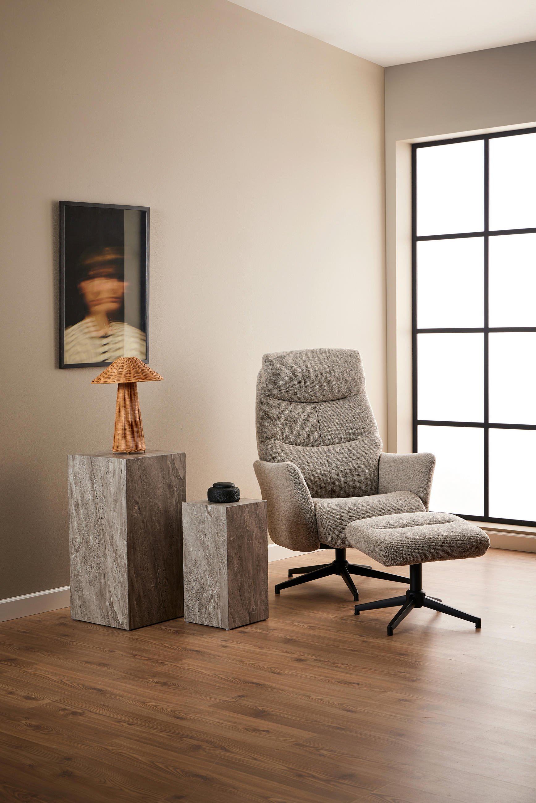 RELAXFÅTÖLJ SET i bouclé svart, beige  - beige/svart, Modern, metall/textil (75/112/83cm) - Livetastic