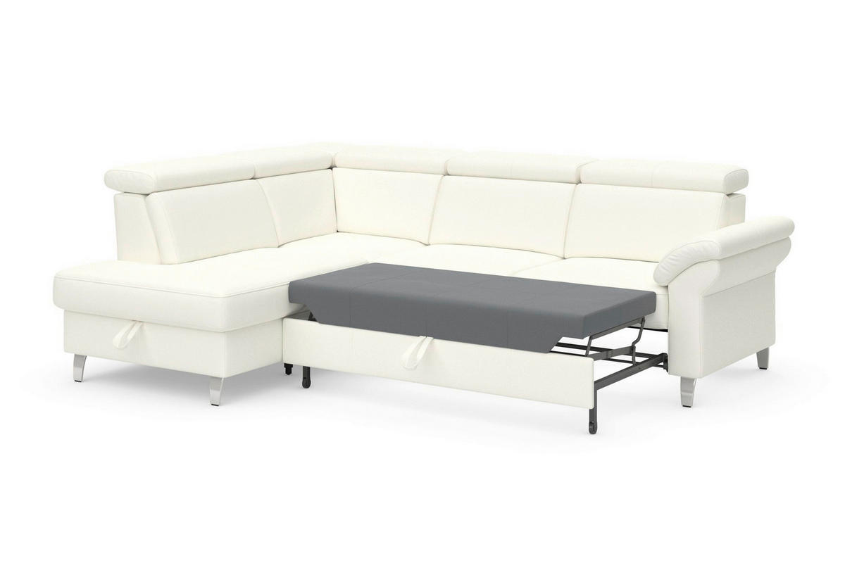 ECKSOFA ARNGAST E Weiß Kombination Echtleder/Stoff Mikrofaser Bettkasten, Kopfteilverstellung  - Chromfarben/Weiß, Basics, Leder/Textil (194/245cm) - Sit & More