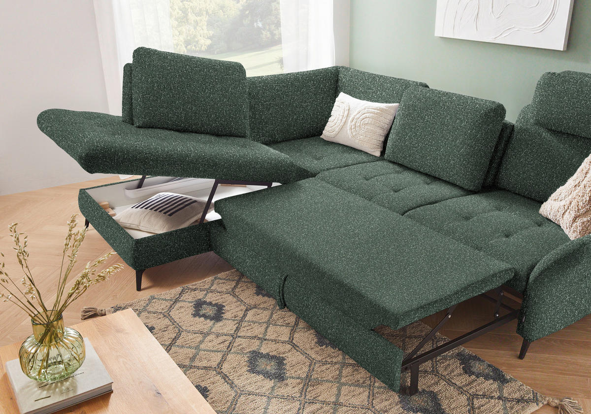 ECKSOFA in Bouclé Grün  - Schwarz/Grün, Natur, Textil/Metall (233/288cm) - Valnatura