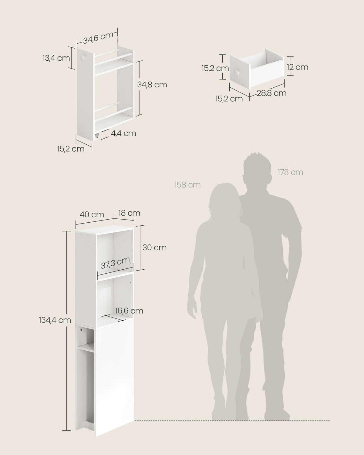 MIDISCHRANK 40/134.4/18 cm  - Weiß, Trend, Holzwerkstoff (40/134.4/18cm) - MID.YOU