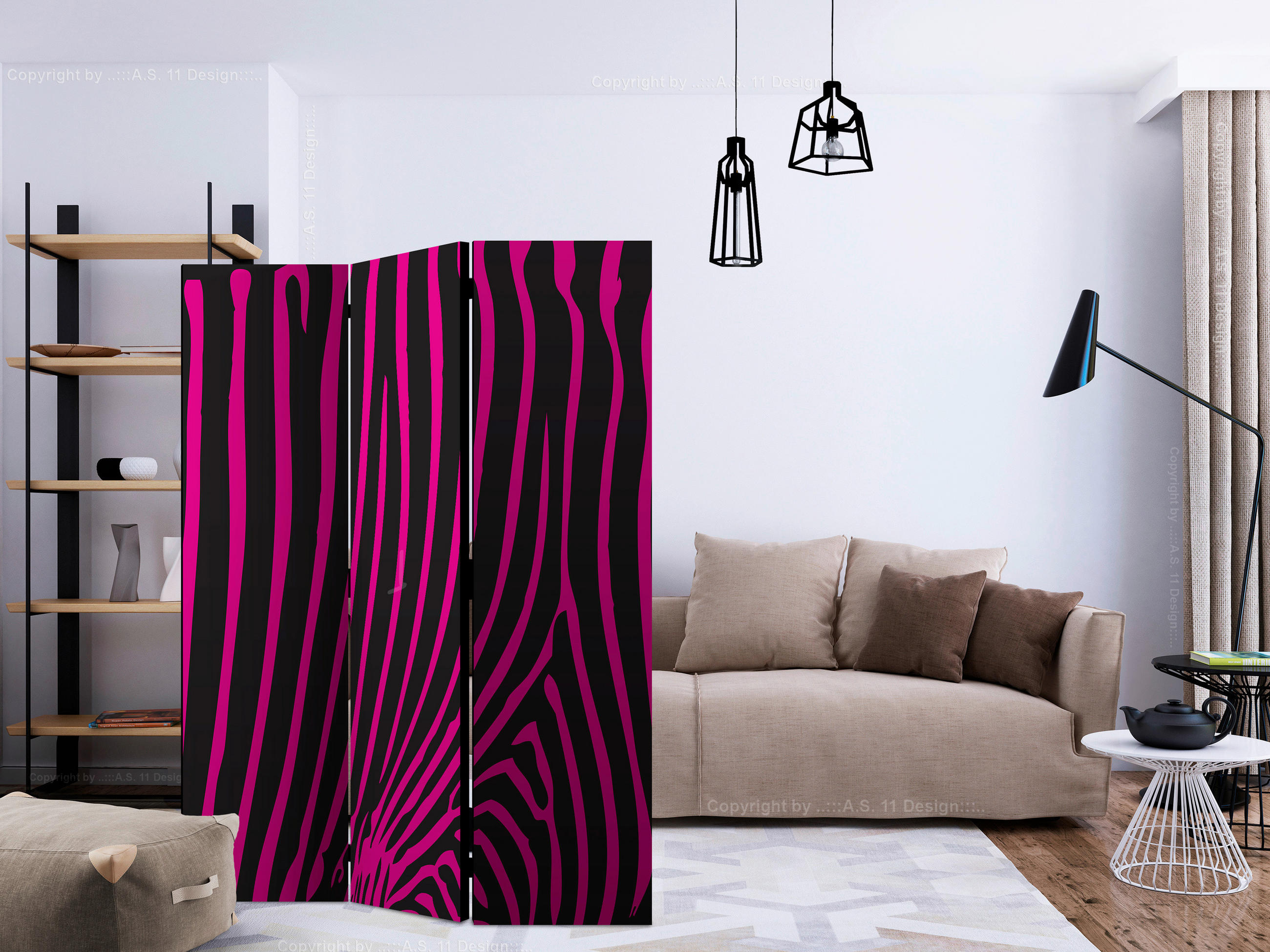 Paravent doppeltseitig mit 3  Flügel - Pink/Schwarz, Basics, Holz/Textil (135/172/3cm) - artgeist
