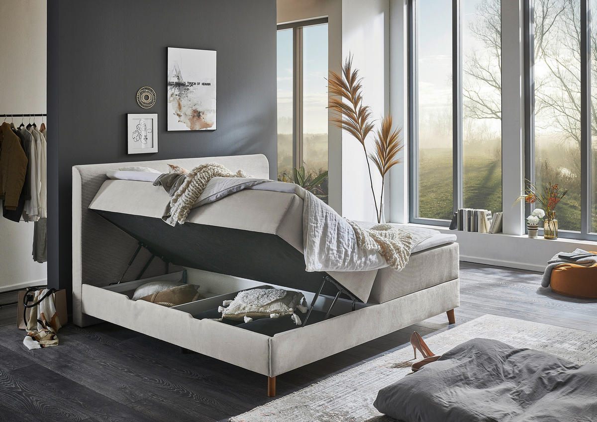 BOXSPRINGBETT 160/200 cm,  in Beige, Bettkasten, Topper, H3 = fest  - Eichefarben/Beige, Design, Holz/Textil (160/200cm) - Boxxx