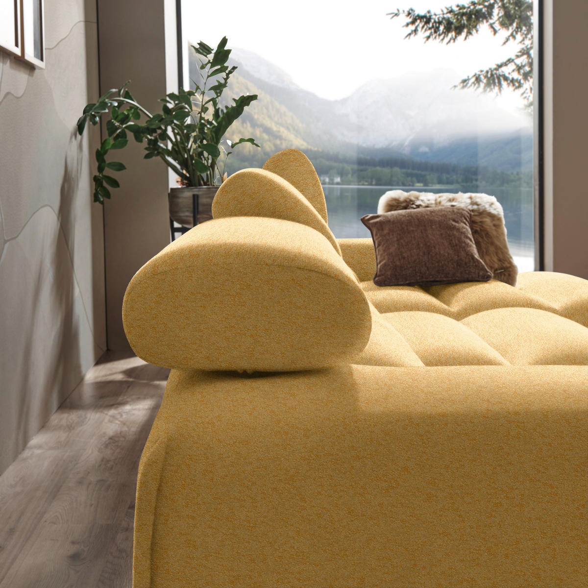 ECKSOFA in Velours Currygelb  - Currygelb/Buchefarben, Design, Holz/Textil (329/150cm) - Lomoco