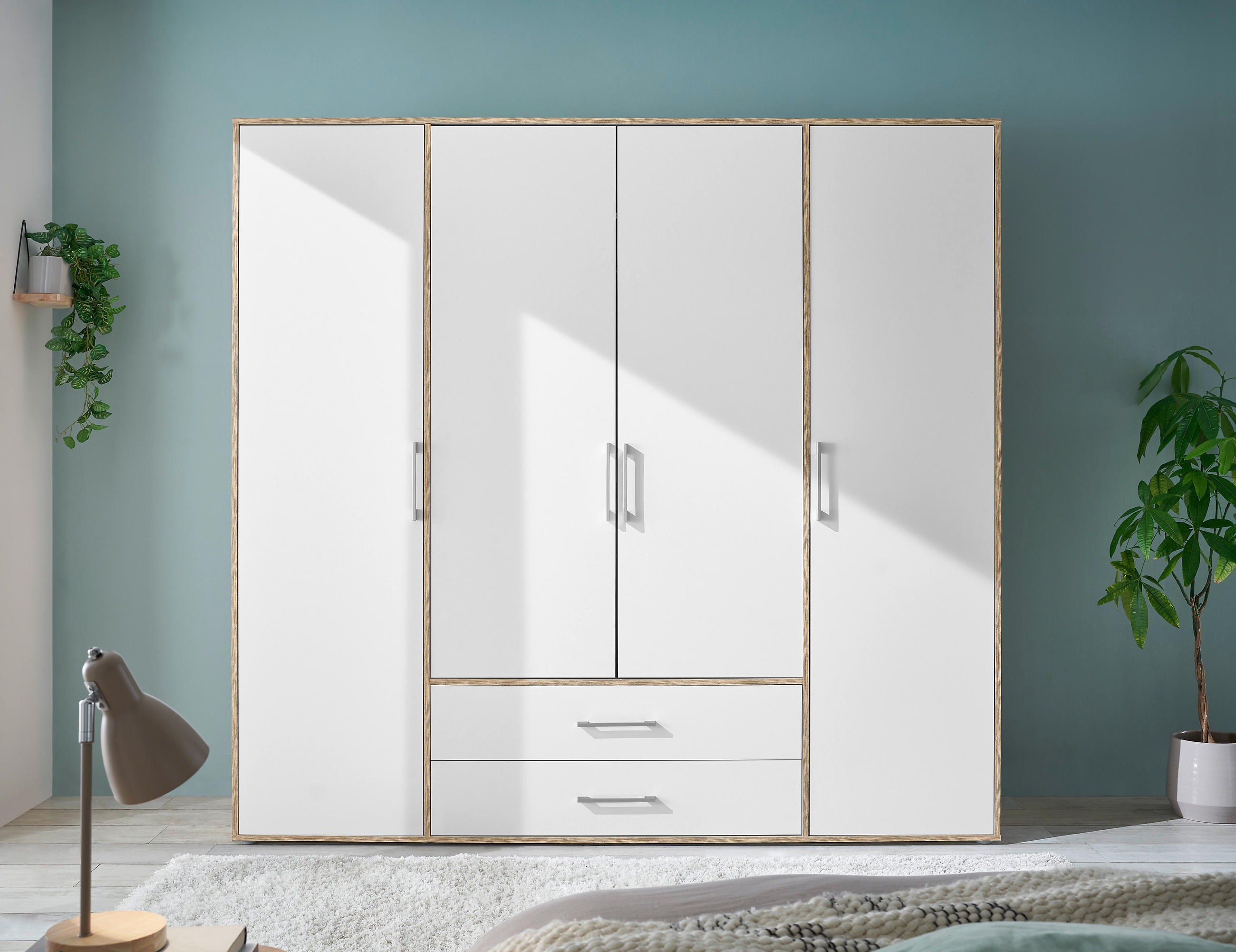 KLEIDERSCHRANK 206/195/60 cm 4-türig Weiß, Eiche Artisan  - Alufarben/Weiß, Basics, Holzwerkstoff/Kunststoff (206/195/60cm)