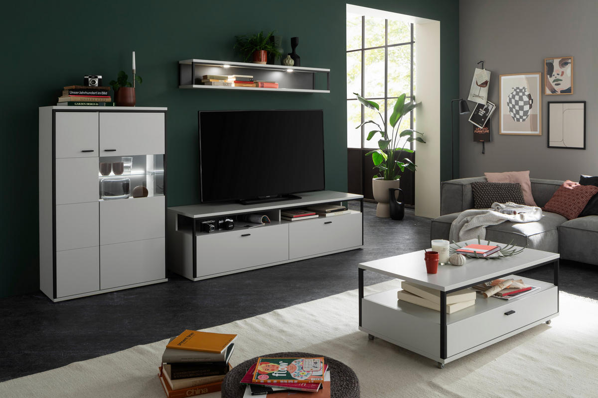 WOHNWAND  in Schwarz, Weiss 278/199/51 cm  - Weiss/Schwarz, Design, Glas/Holzwerkstoff (278/199/51cm) - Stylife