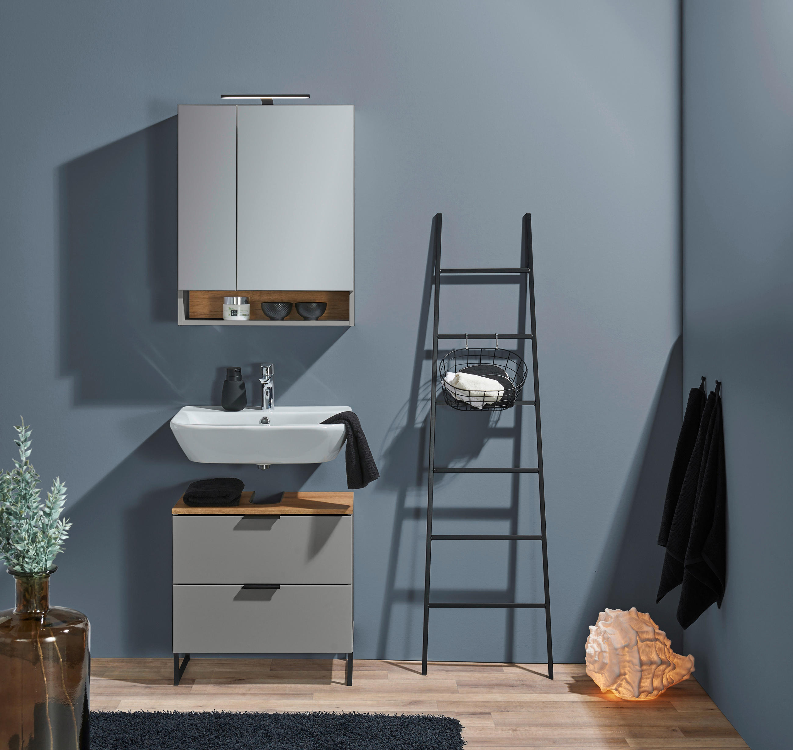 WASCHBECKENUNTERSCHRANK 60/60/35 cm  - Eichefarben/Schwarz, KONVENTIONELL, Holzwerkstoff/Metall (60/60/35cm) - home24