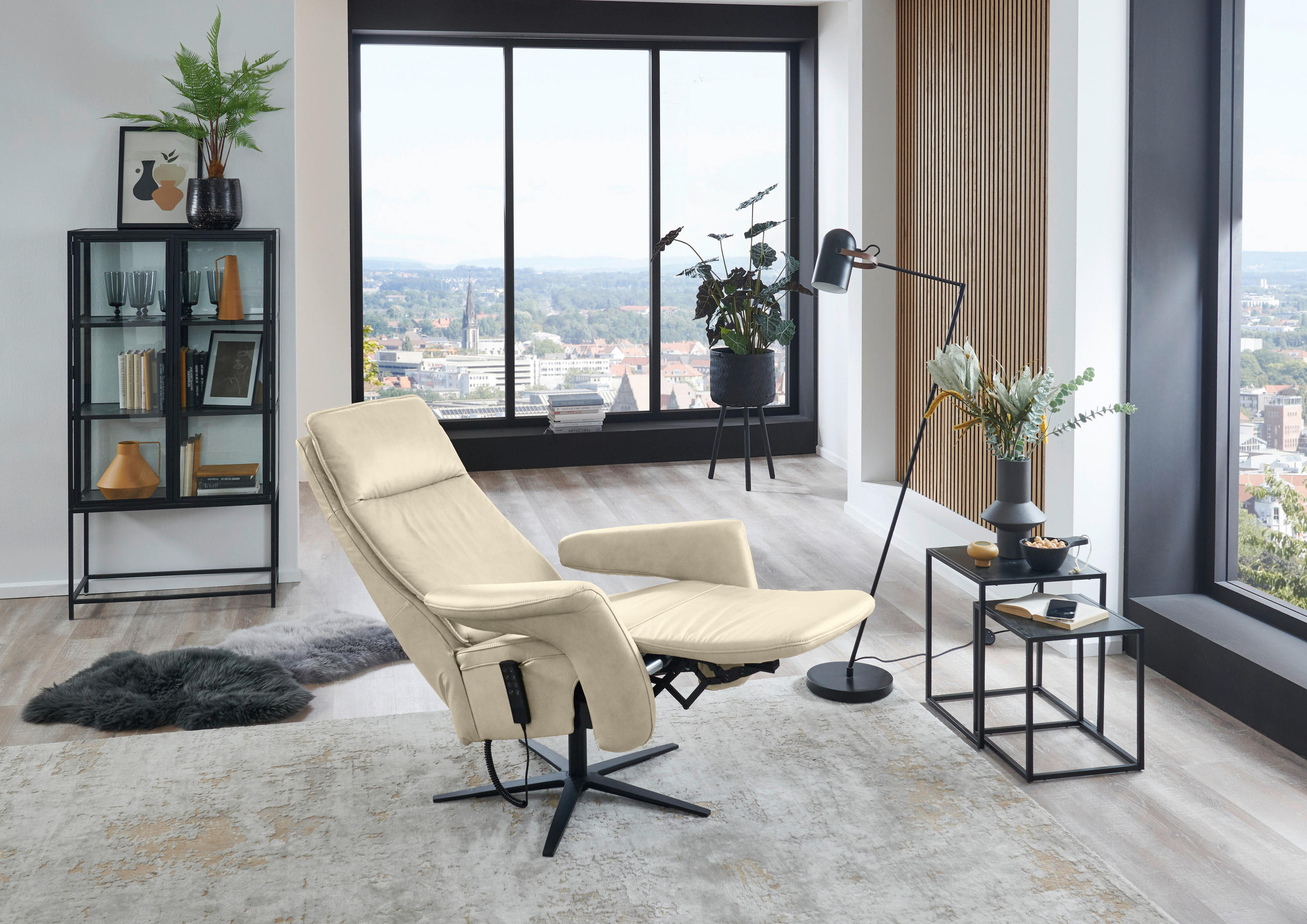 RELAXSESSEL in Leder Creme, Naturfarben  - Creme/Schwarz, Design, Leder/Metall (83/123/87cm) - Valdera