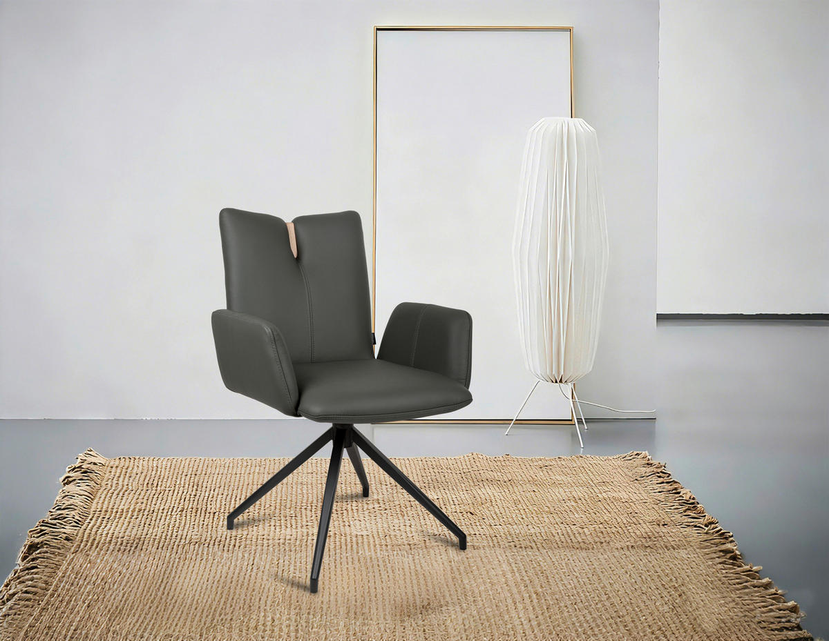 ARMLEHNSTUHL  Sitzfläche 360° drehbar, automatische Rückholfunktion  Echtleder  - Anthrazit/Schwarz, Design, Leder/Holz (62/87/63cm) - Valnatura