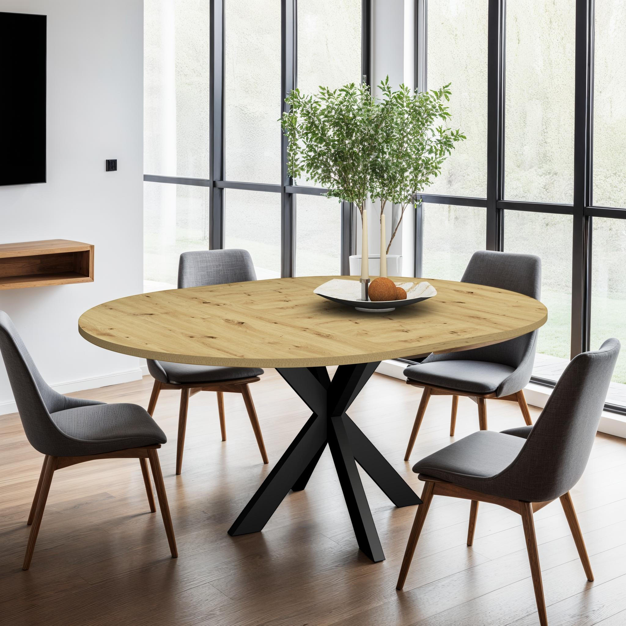 Thumbnail - Mid.you Esstisch, Schwarz, Eiche Artisan, Metall, Holzwerkstoff, rund, Sternfuß, 130x75x130 cm, ausziehbar, Esszimmer, T...