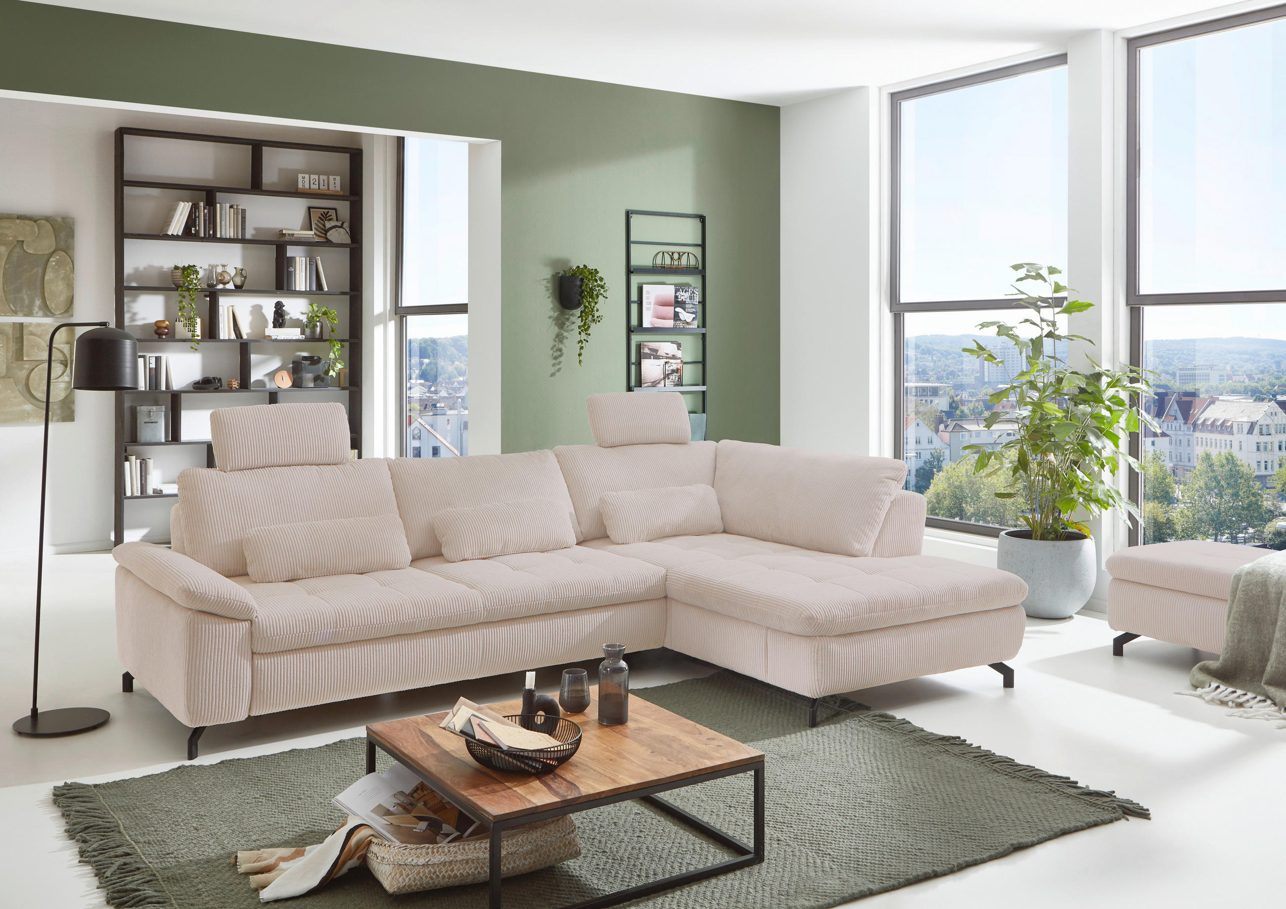 ECKSOFA in Cord, Velours Ecru  - Ecru/Schwarz, Design, Textil/Metall (291/197cm) - Beldomo Style