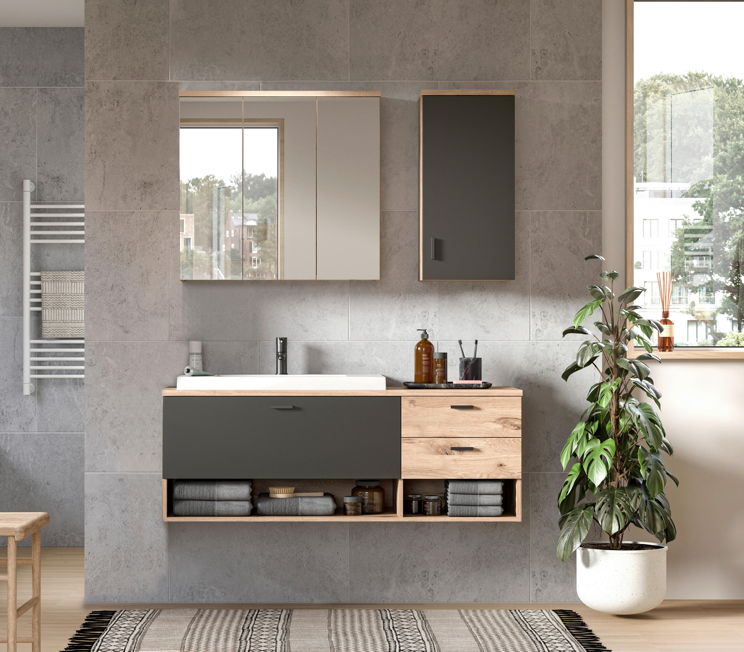 BADEZIMMER 4-teilig  in 138 cm  - Dunkelgrau/Weiß Hochglanz, MODERN, Glas/Keramik (138cm) - MID.YOU