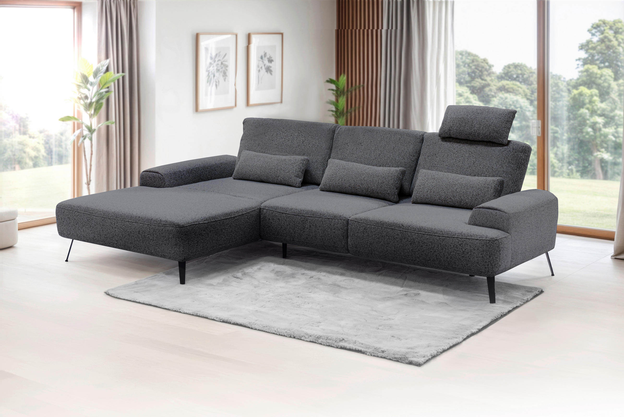 ECKSOFA Astoria Dunkelgrau Flachgewebe  - Dunkelgrau/Schwarz, Design, Textil/Metall (178/305cm) - Livetastic