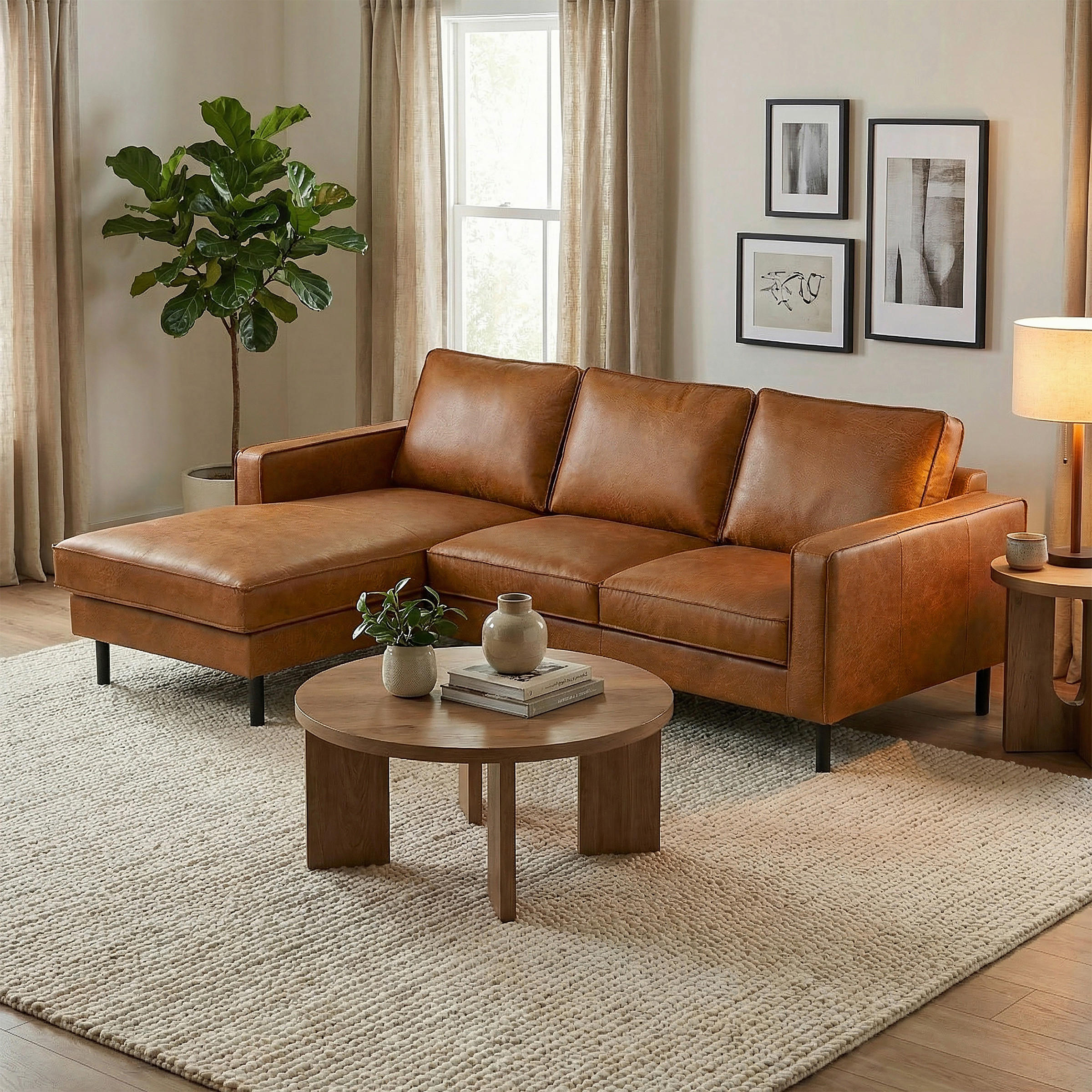 ECKSOFA  in Echtleder Cognac  - Cognac/Schwarz, Design, Leder/Metall (166/238cm) - Livetastic