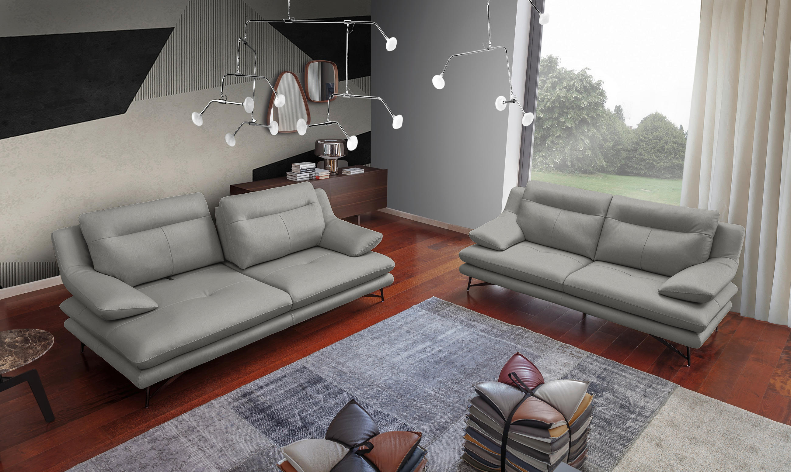 3-SITZER-SOFA in Leder Hellgrau  - Hellgrau, Design, Leder/Metall (215/90/109cm)