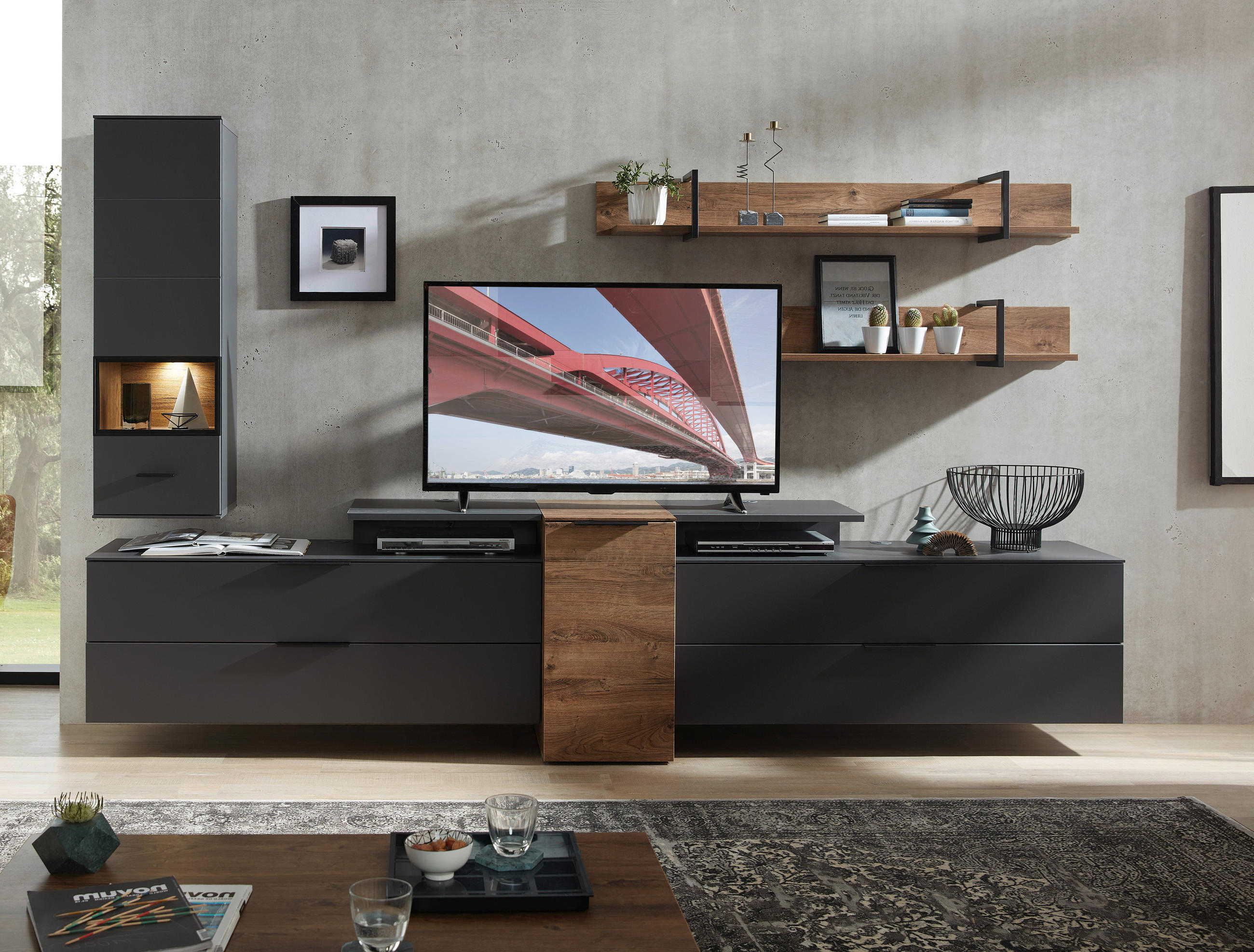 OBÝVACÍ STĚNA, barvy grafitu, barvy dubu - černá/barvy dubu, Moderní, kov/kompozitní dřevo (320/199/50cm) - Livetastic