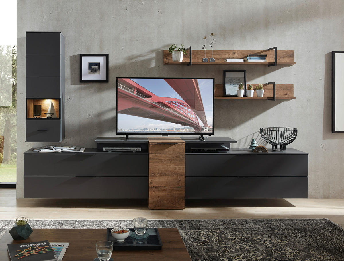 OBÝVACÍ STĚNA, barvy grafitu, barvy dubu - černá/barvy dubu, Moderní, kov/kompozitní dřevo (320/199/50cm) - Livetastic