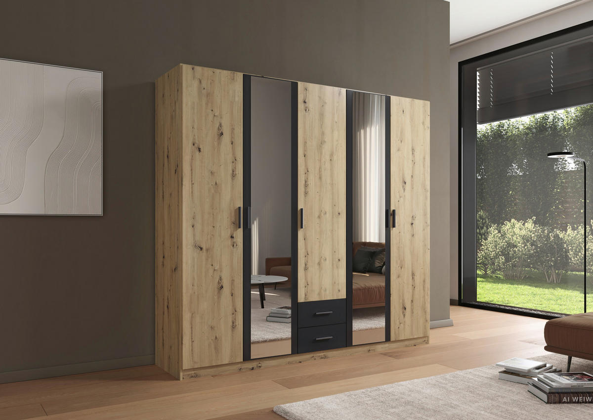 KLEIDERSCHRANK 5-türig Grau, Eichefarben, Eiche Artisan  - Eichefarben/Eiche Artisan, KONVENTIONELL, Holzwerkstoff/Kunststoff (226/210/54cm) - Rauch Möbel