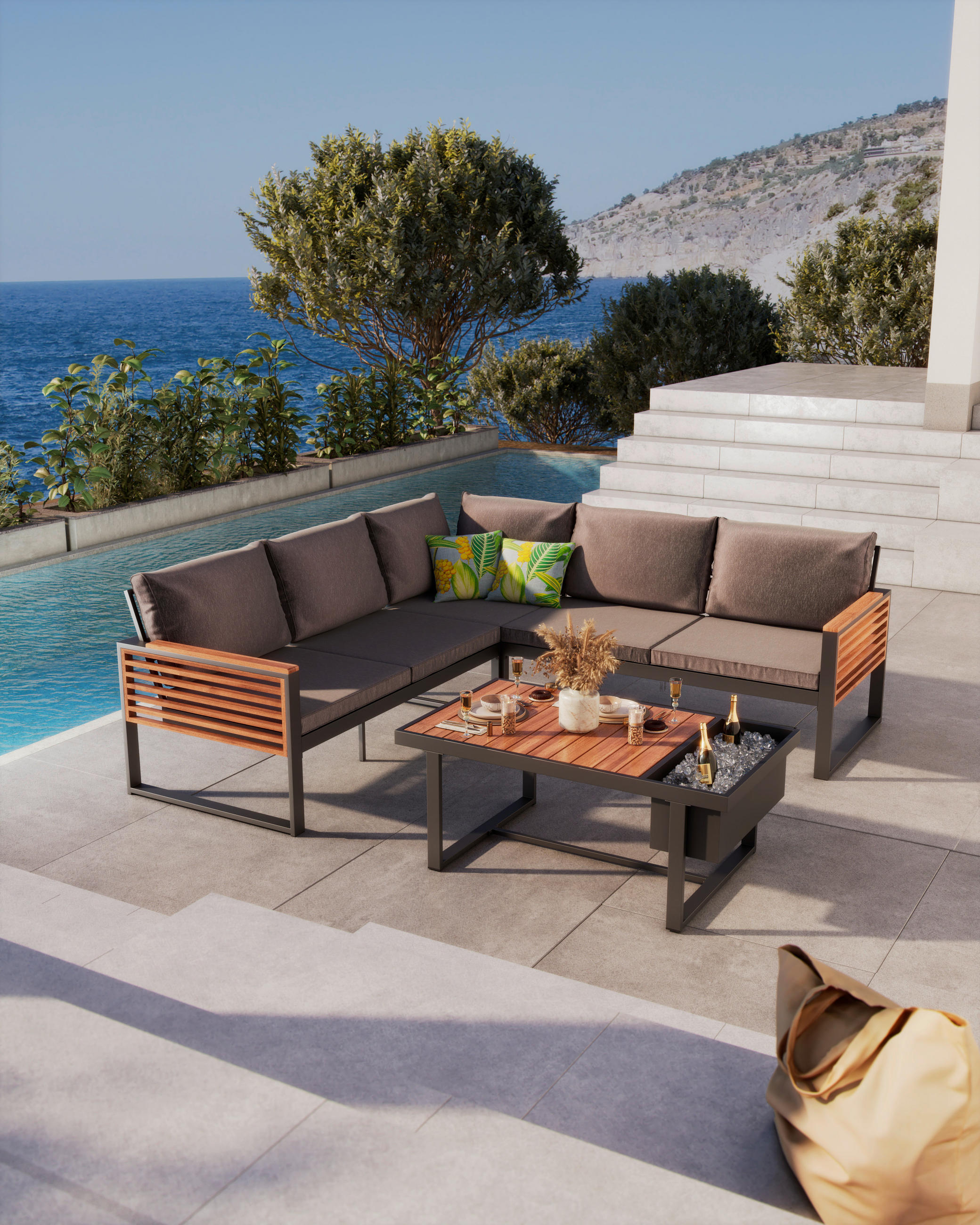LOUNGEGARNITUR 235/235 cm Akazie massiv Aluminium  - Graubraun/Schwarz, MODERN, Holz/Textil (235/235cm) - Ambia Garden