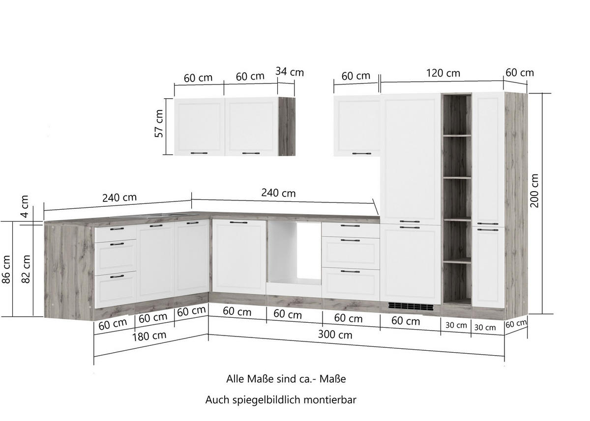ECKKÜCHE 240/360 cm  in Weiß, Eiche Wotan  - Eiche Wotan/Schwarz, LIFESTYLE, Holzwerkstoff/Metall (240/360cm) - Held