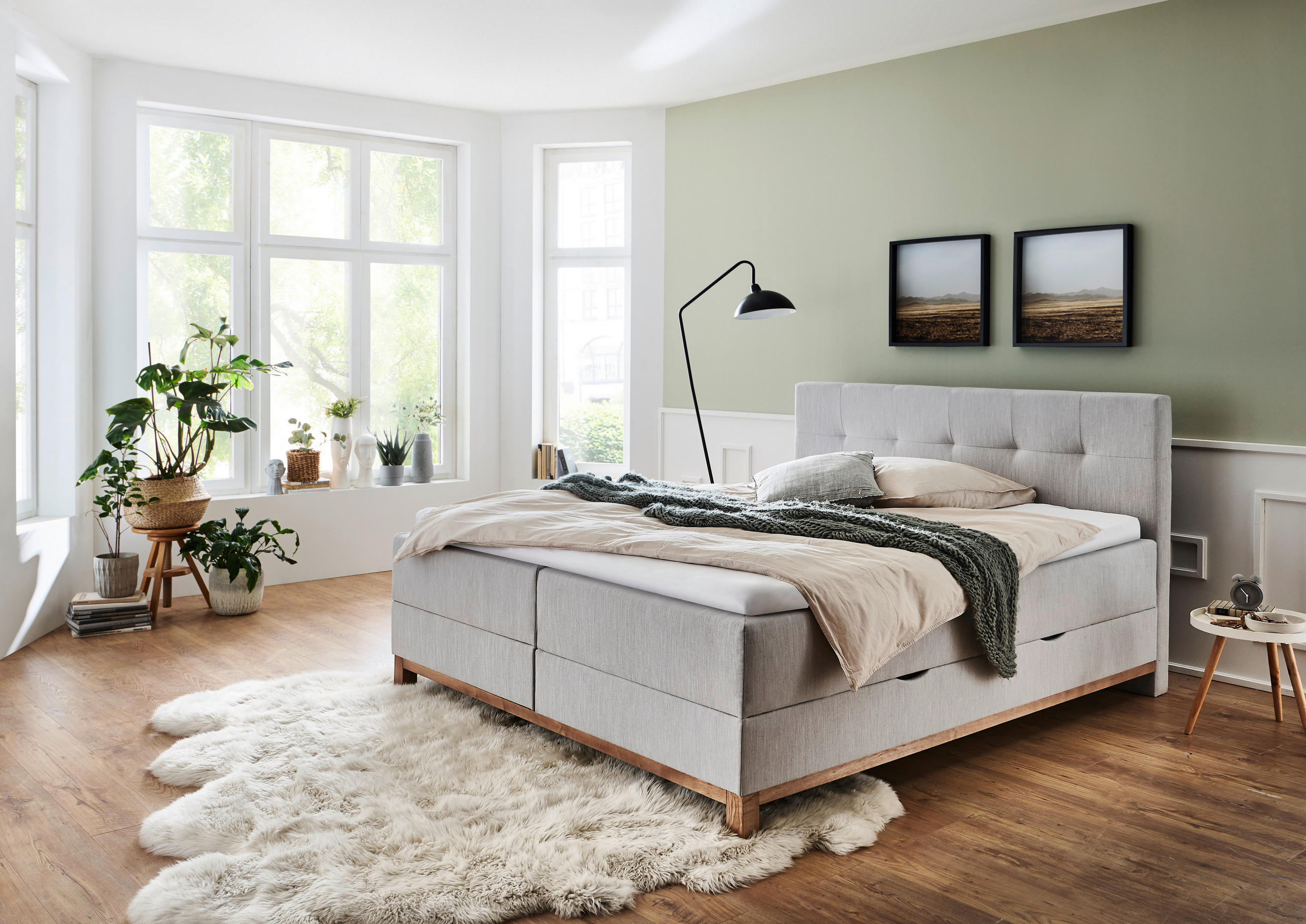 BOXBETT 180/200 cm,  in Hellgrau, Bettkasten, Topper, H3 + H3 = fest  - Eichefarben/Hellgrau, MODERN, Holz/Textil (180/200cm) - Livetastic