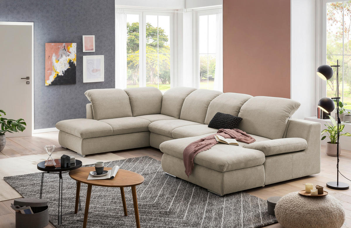 WOHNLANDSCHAFT in Chenille Creme  - Chromfarben/Creme, Design, Textil/Metall (212/353/165cm) - Livetastic