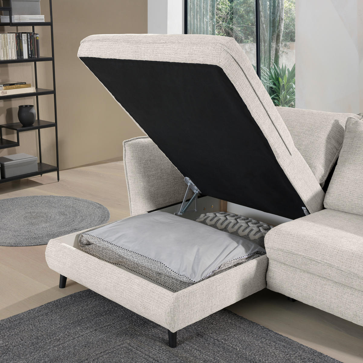 ECKSOFA inkl. Funktionen in Struktur Creme  - Creme/Schwarz, Design, Holz/Textil (245/161cm) - Stylife