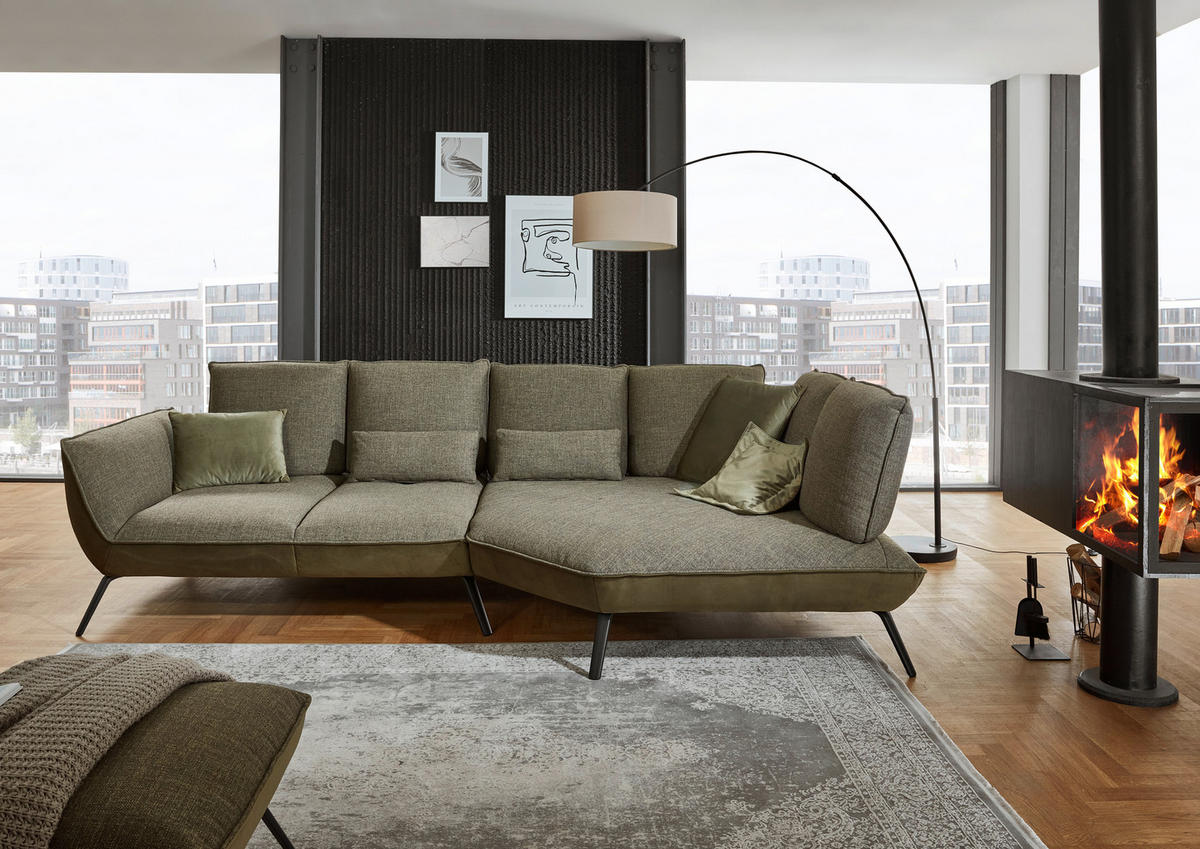 ECKSOFA in Flachgewebe Olivgrün  - Schwarz/Olivgrün, Design, Textil/Metall (320/169cm) - Moderano