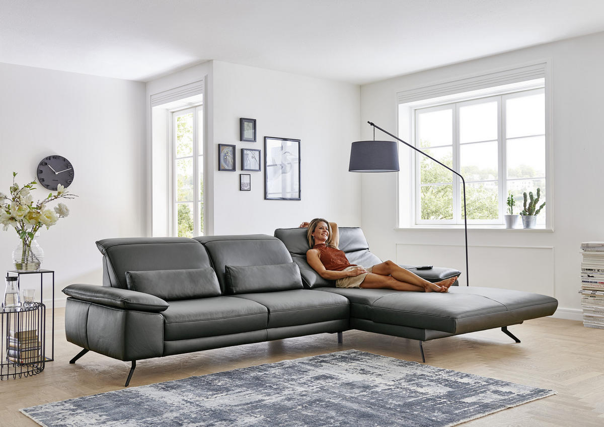 ROHOVÁ SEDACIA SÚPRAVA, koža, antracitová - čierna/antracitová, Design, kov/koža (193/332cm) - Dieter Knoll