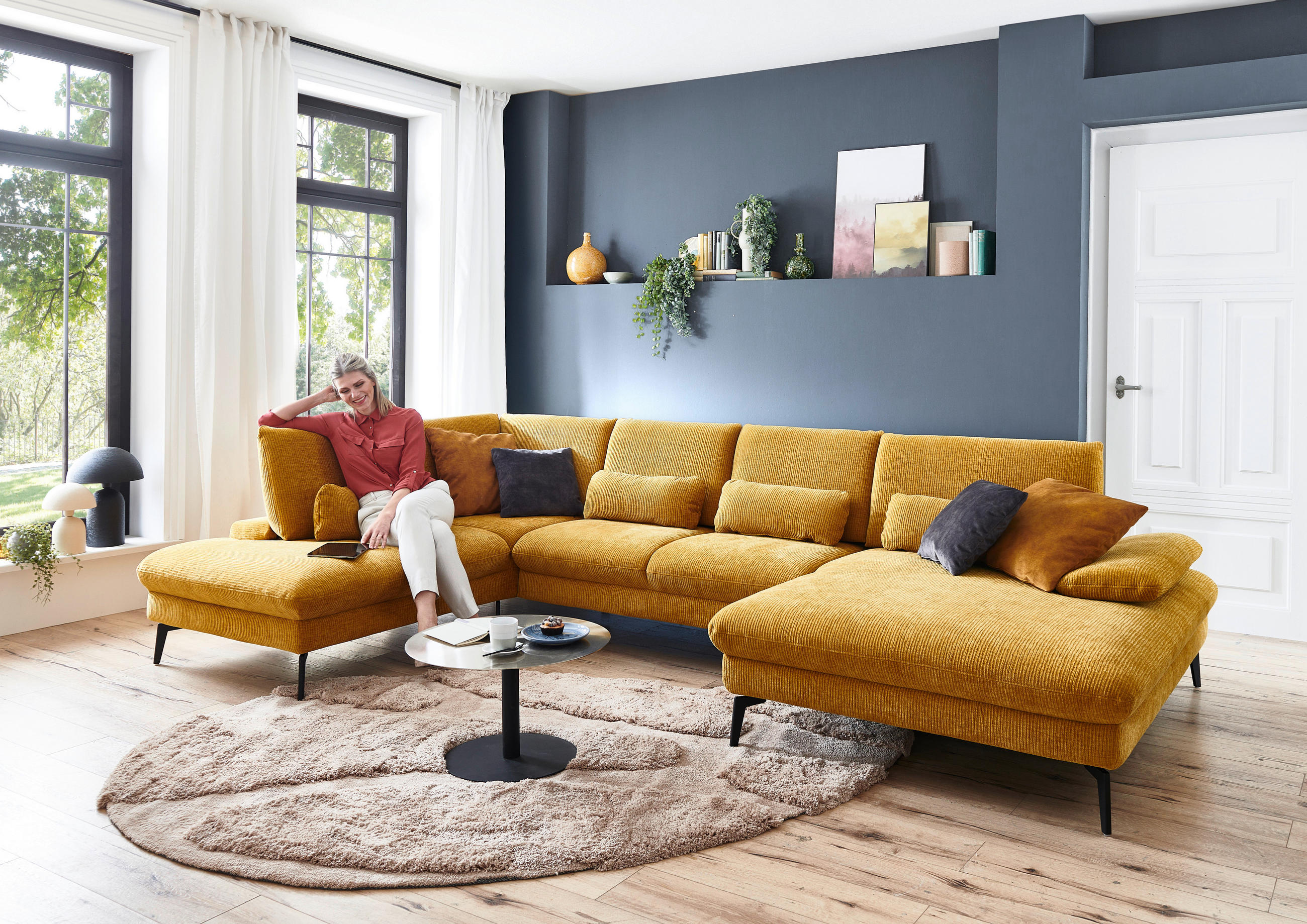 WOHNLANDSCHAFT in Webstoff Currygelb  - Currygelb/Schwarz, Design, Textil/Metall (208/354/157cm) - Dieter Knoll
