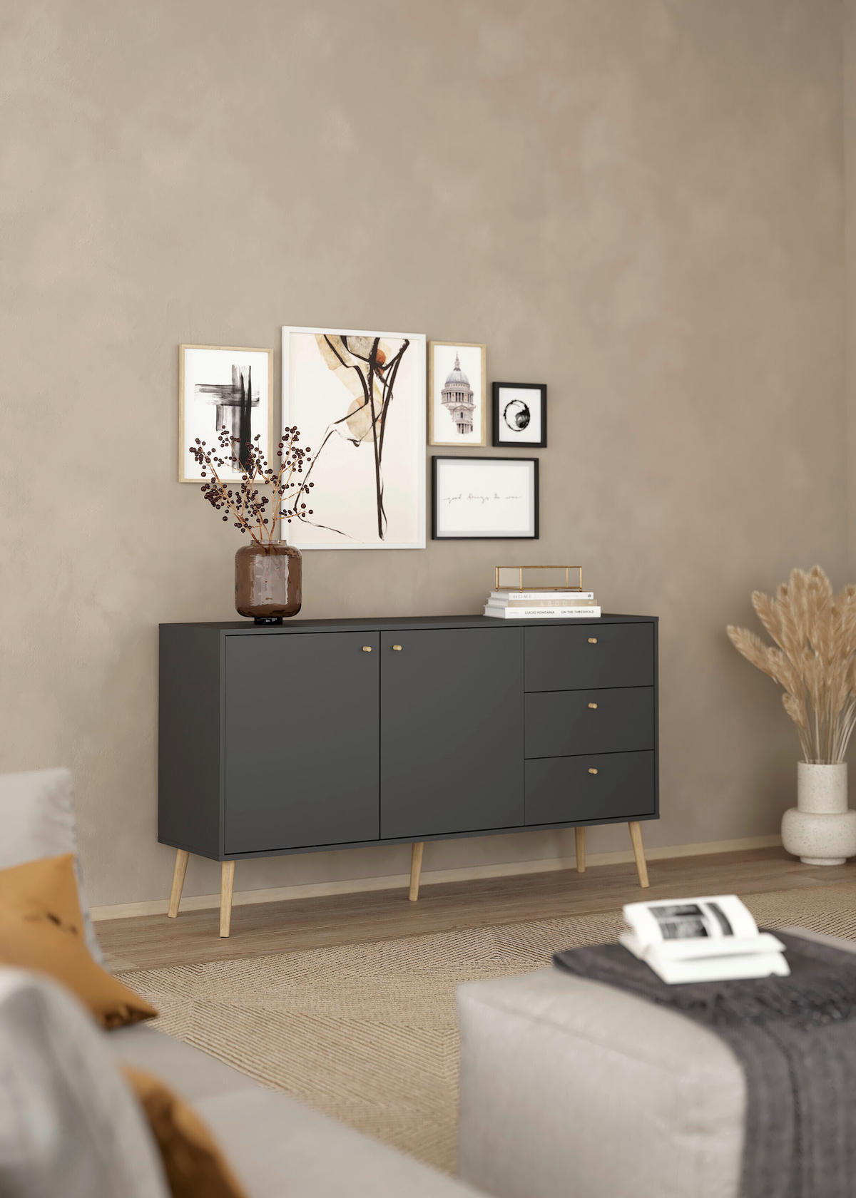 SIDEBOARD 147,2/81,7/39,1 cm  - grå/ekfärgad, Design, trämaterial/trä (147,2/81,7/39,1cm) - Best Price