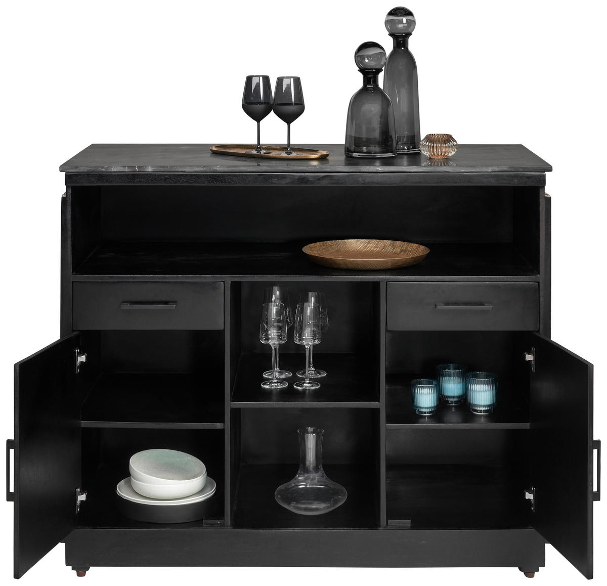 BARSCHRANK Mangoholz, Eukalyptusholz vollmassiv Schwarz, Goldfarben  - Goldfarben/Schwarz, Trend, Holz/Stein (130/109/60cm) - Ambia Home