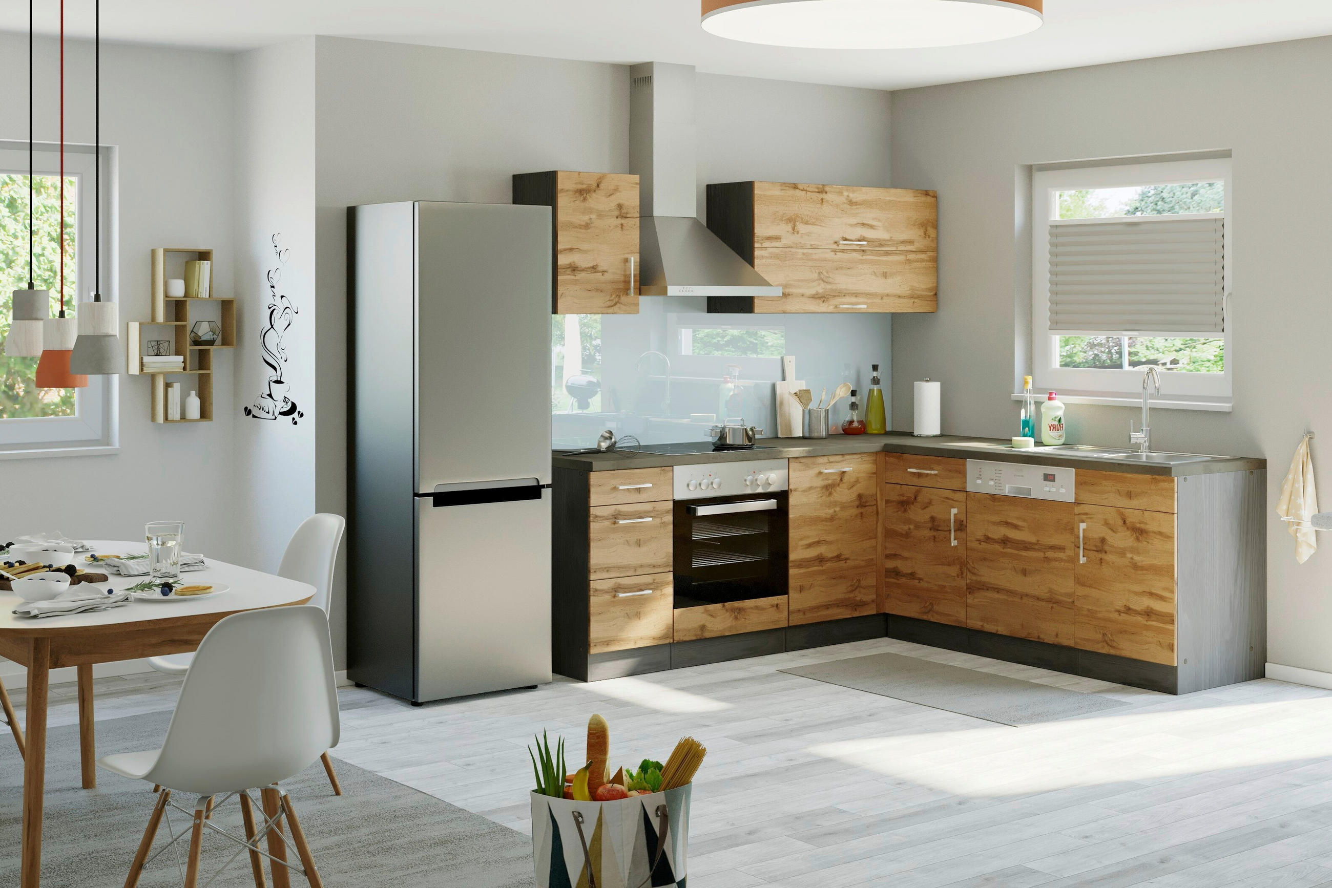 ECKKÜCHE 210/210 cm  in Graphitfarben, Eichefarben  - Eichefarben/Anthrazit, MODERN, Holzwerkstoff/Metall (210/210cm) - Held